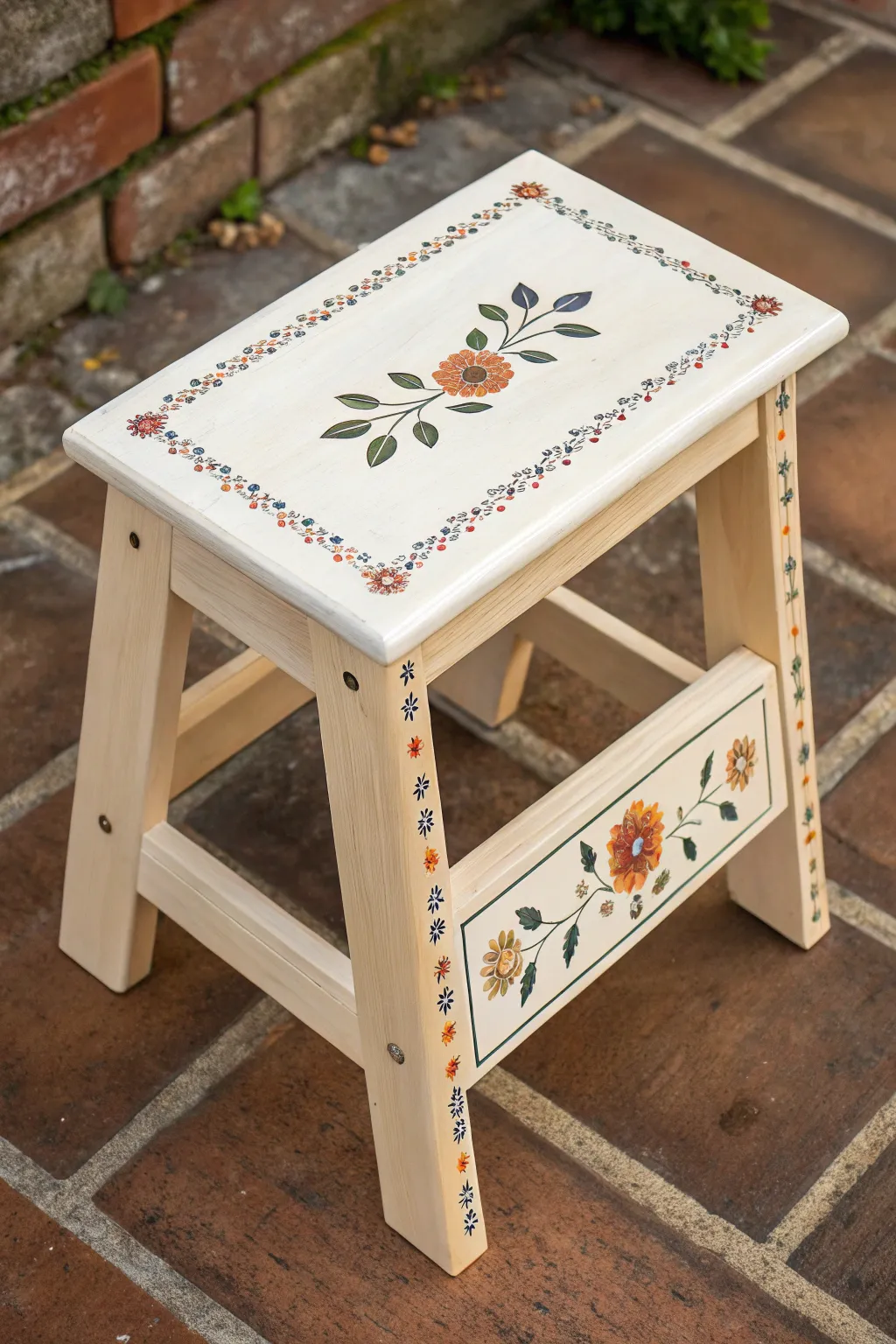 Simple floral border step stool idea with a clean center and bold Scandinavian-Boho color accents