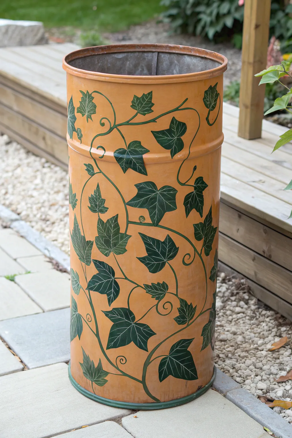 Leafy vine trash can makeover that blends into the garden with bold, modern boho color