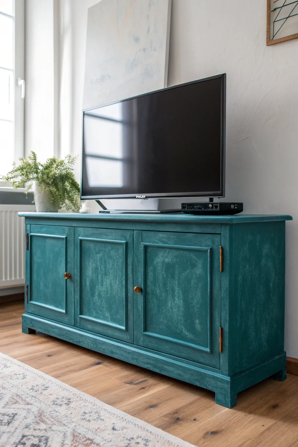 Chalky matte paint gives your TV stand a soft, velvety refresh with clean modern contrast.