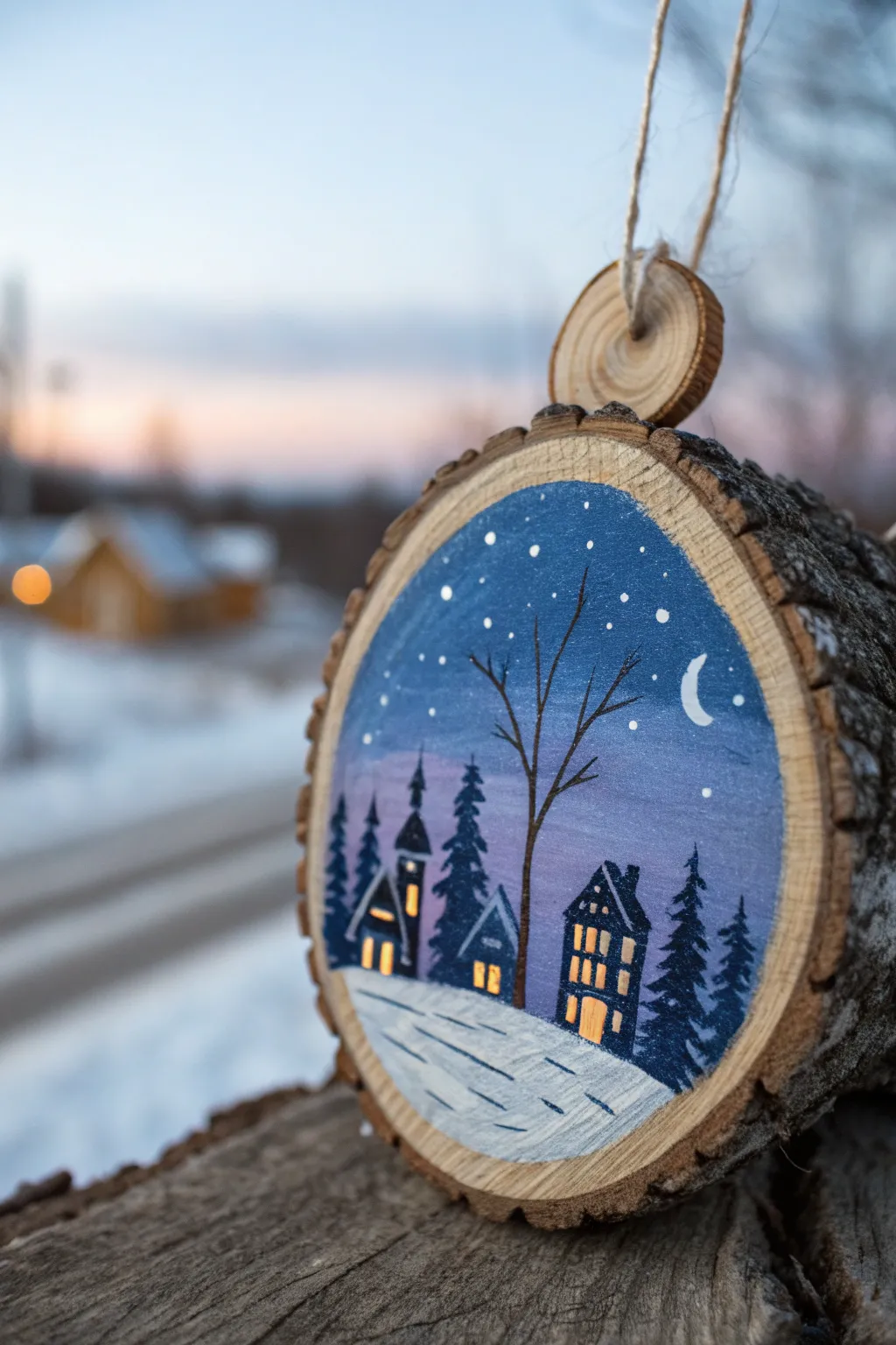 Painted wood slice ornament with a tiny winter village silhouette against a dusky gradient sky