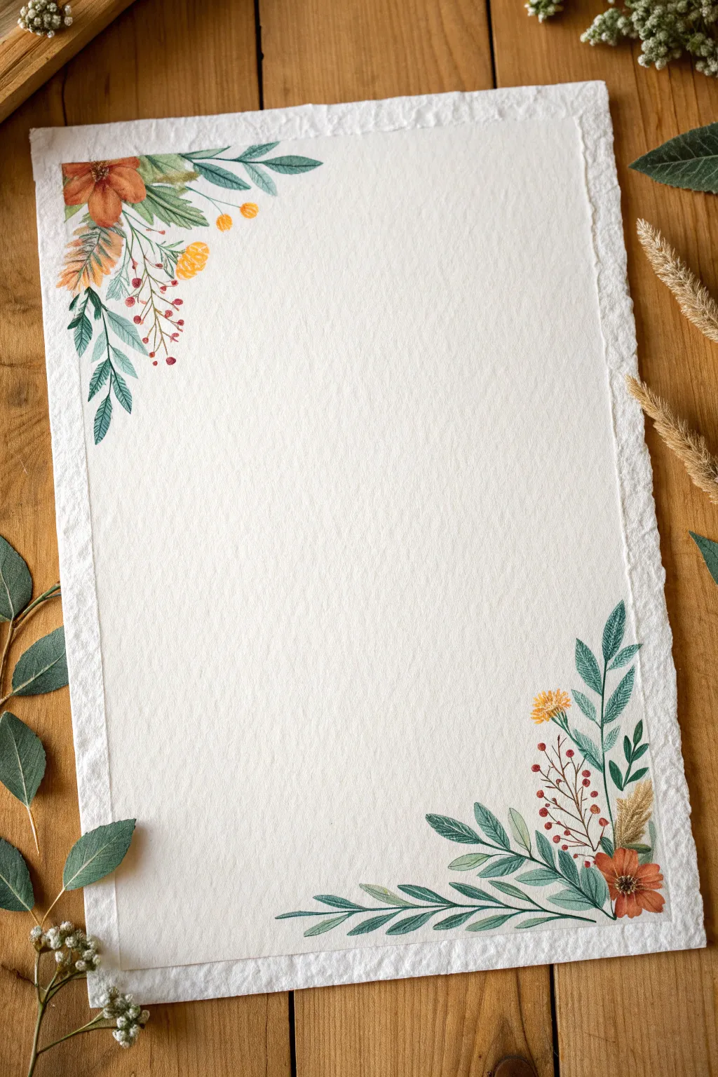 Painted corner florals create an airy border frame, bold colors with lots of clean white space.