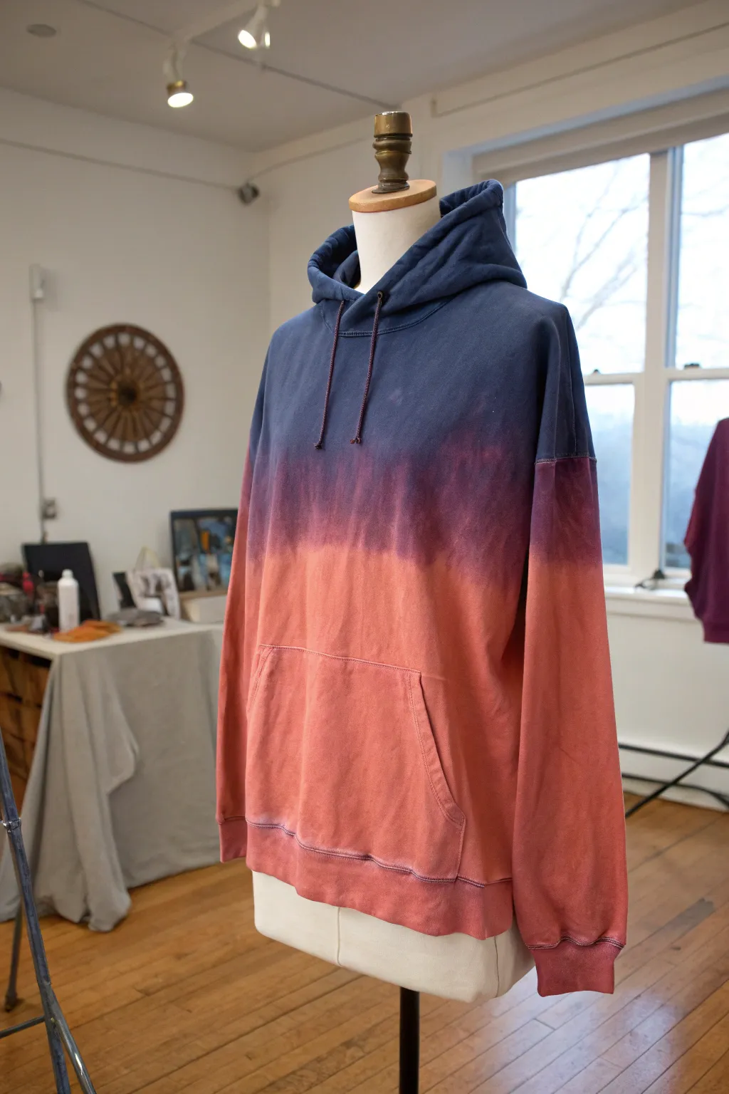 Loose ombre brushstrokes on a hoodie, bold color fade with visible texture and clean minimal styling.