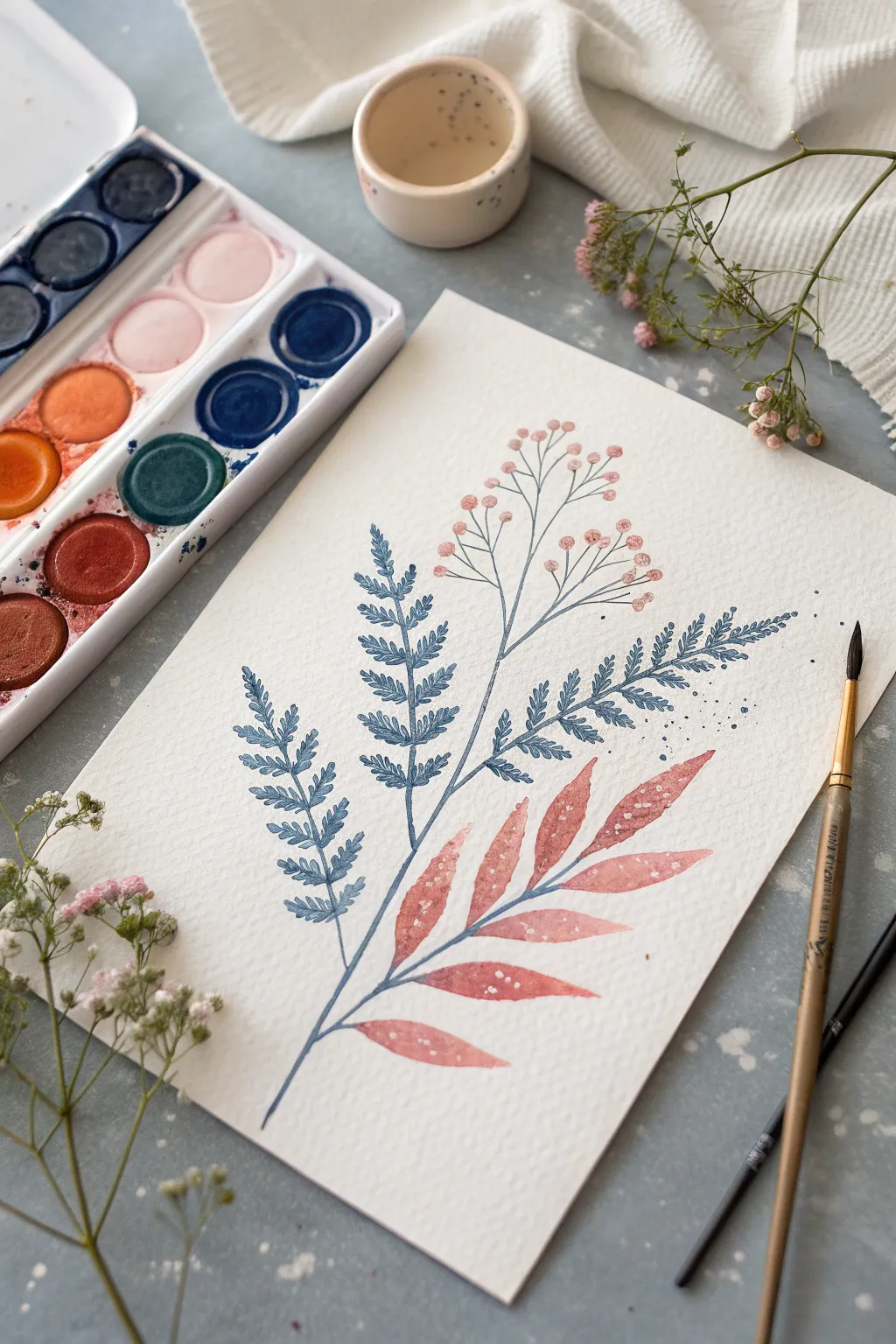 Sparkly salt-and-glue raised lines with watercolor blooms for a bold minimalist craft moment