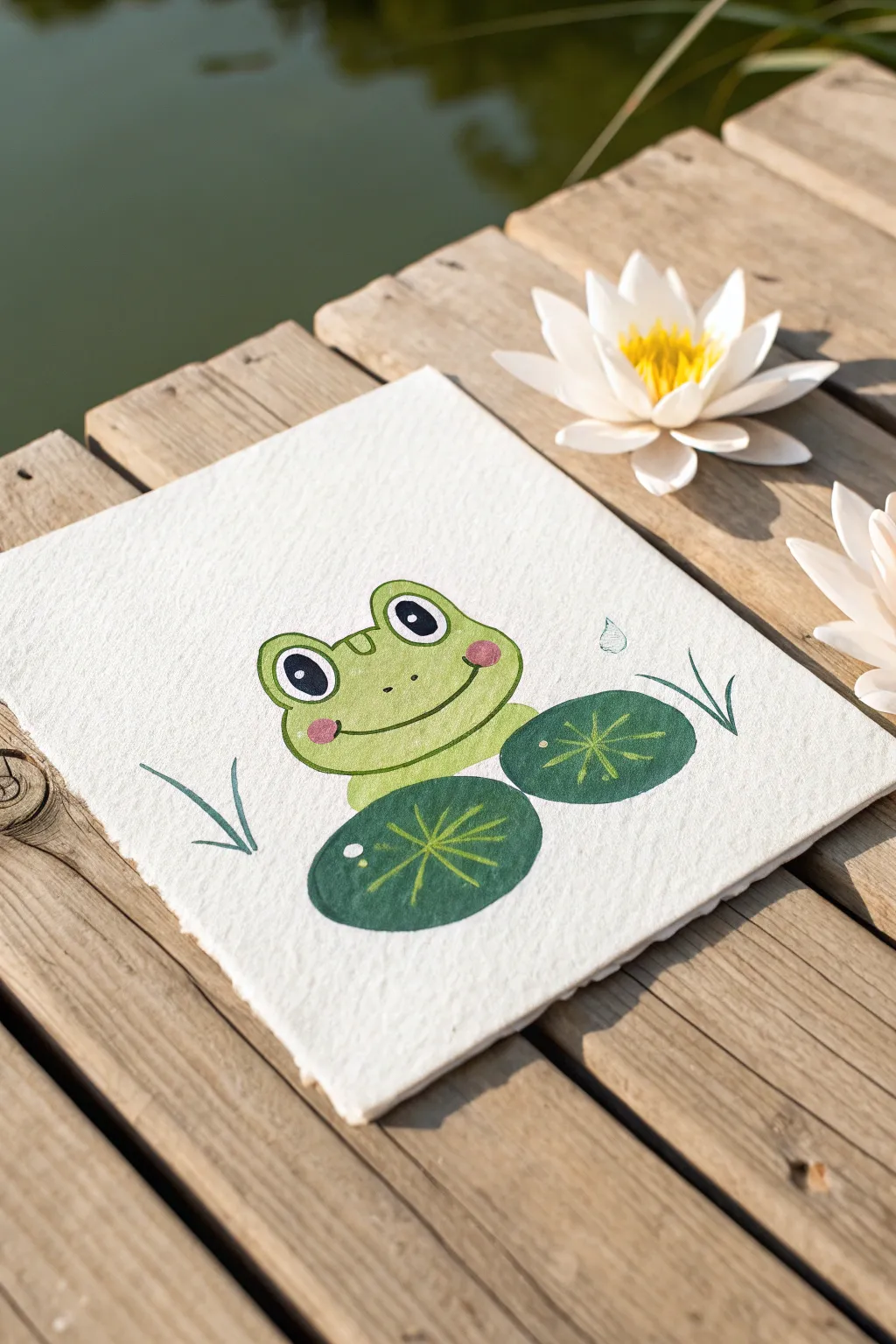 Happy little frog peeking from a teal pond, minimalist boho colors with bold contrast