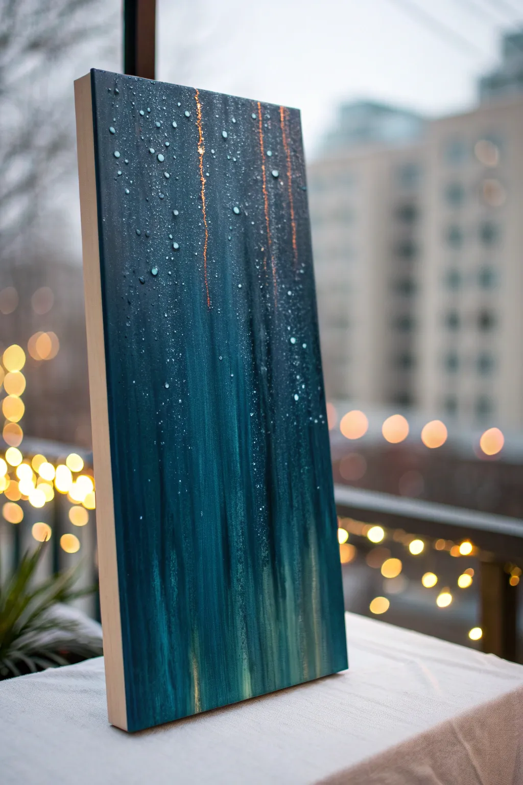Rainy window drip painting with soft bokeh lights, moody contrast, minimalist and cozy