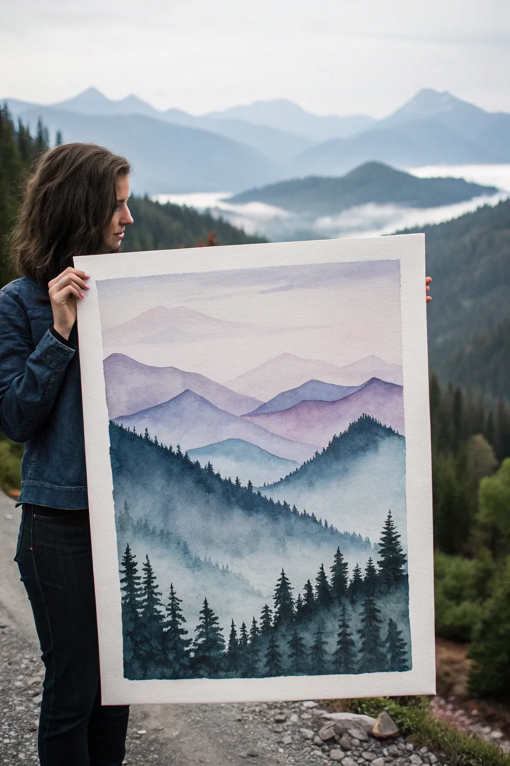 Layered mountains fade into dreamy mist with soft blends and bold, kid-friendly watercolor contrast