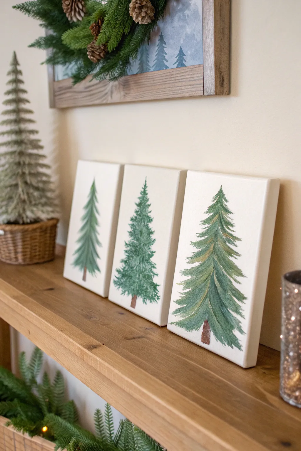 Simple Christmas tree forest mini panel set, a minimalist handmade gift with bold greens.