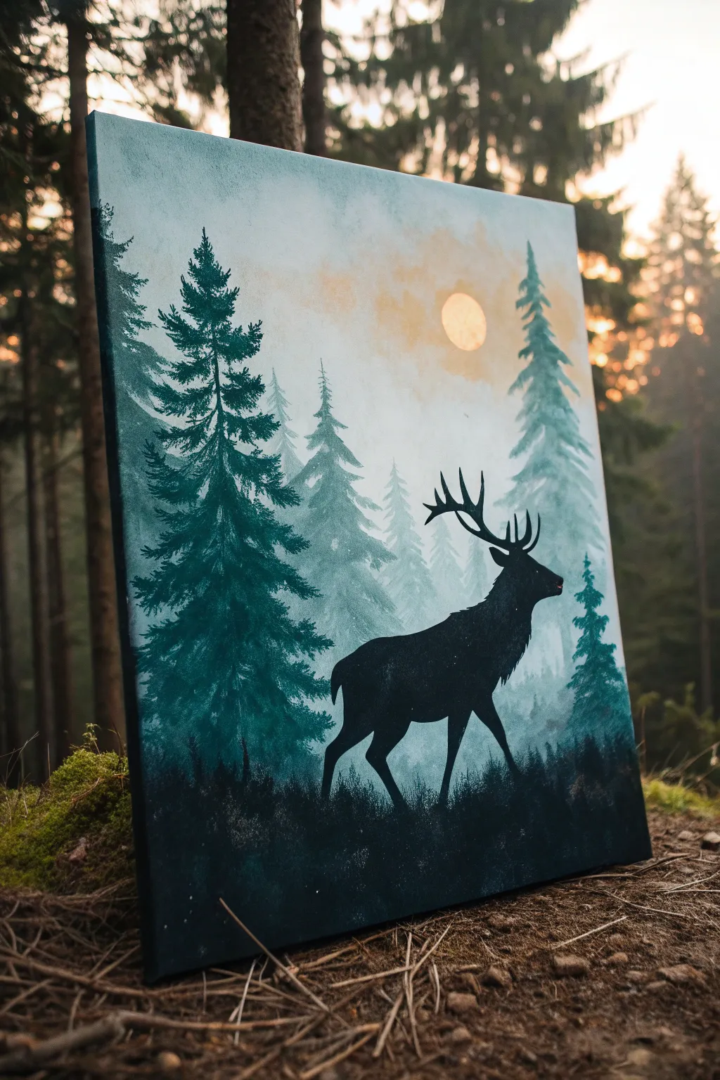 Minimalist stag double exposure with misty pines and bold contrast for a modern, rugged feel
