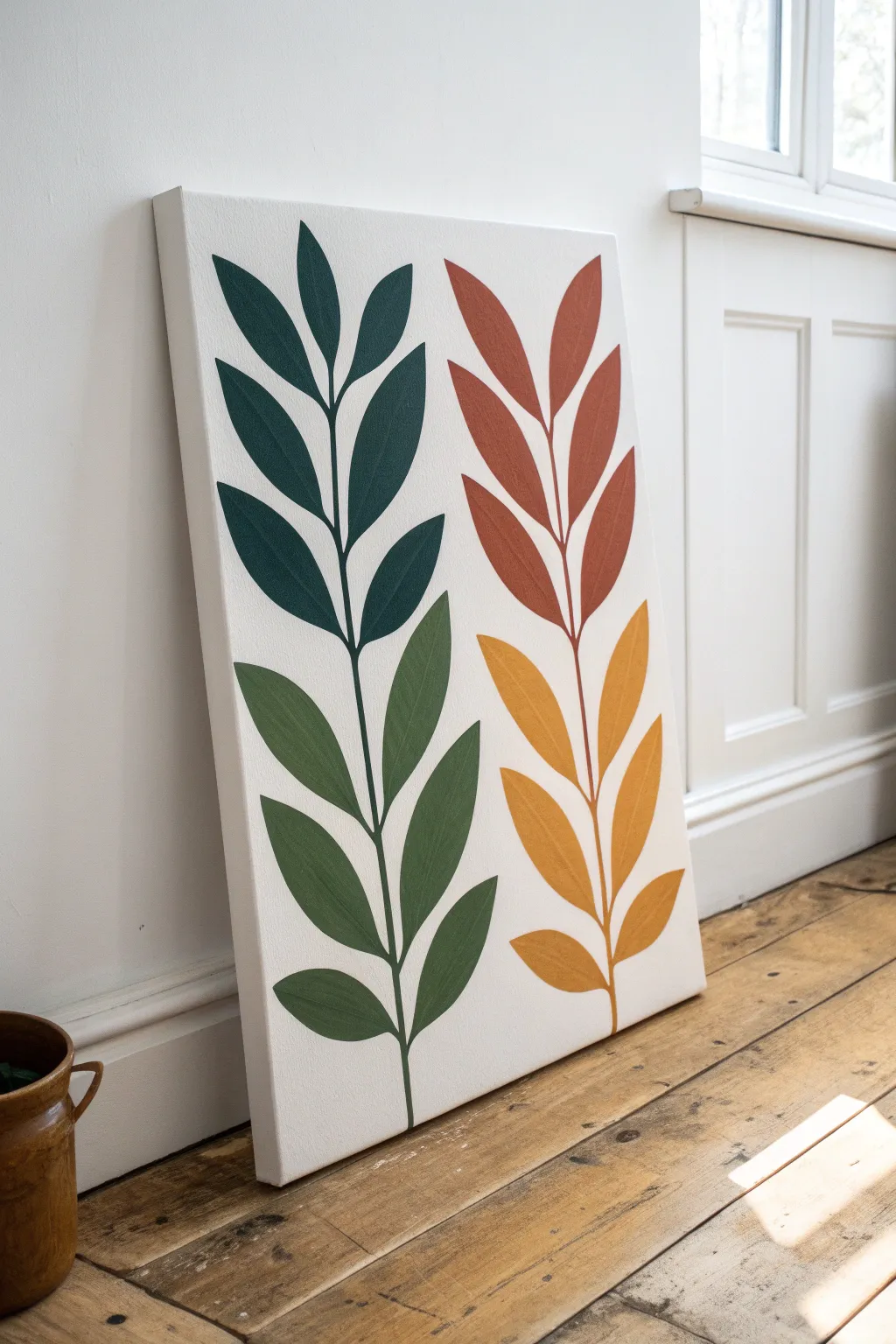Minimalist leafy blocks and airy negative space for a modern teen-friendly botanical painting.