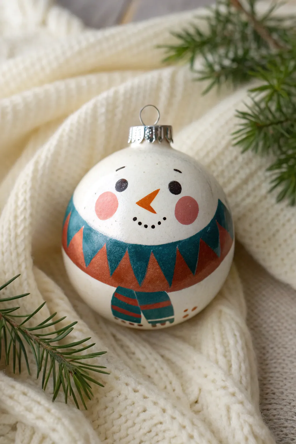 Simple snowman ornament with a bold cozy scarf, styled on knit and evergreen for contrast.