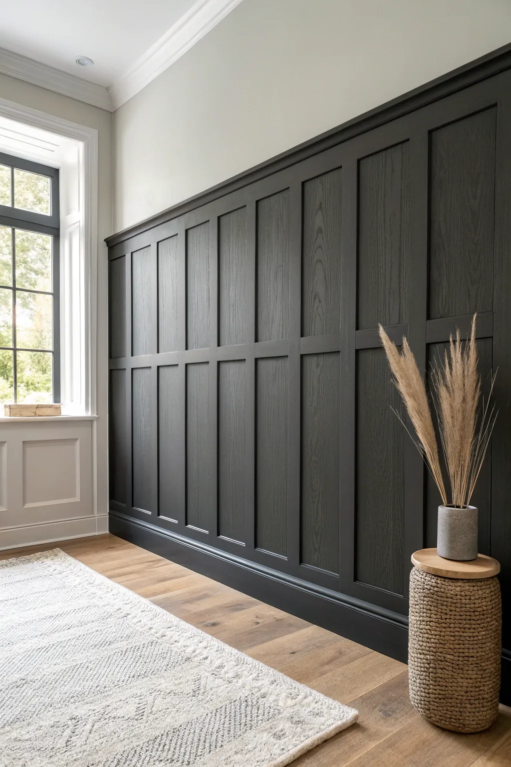 Charcoal paneling delivers instant drama, balanced by light woods and soft neutral textures.