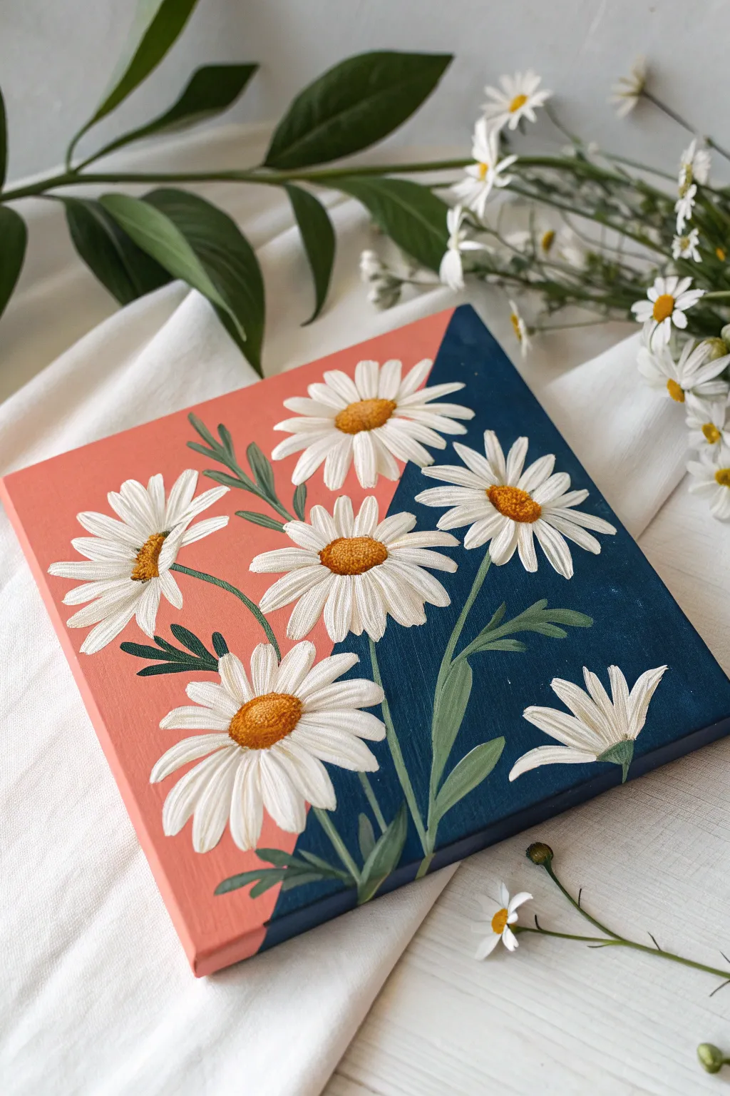 Cheerful white daisies pop on a bold color-block background for an easy modern boho painting idea.