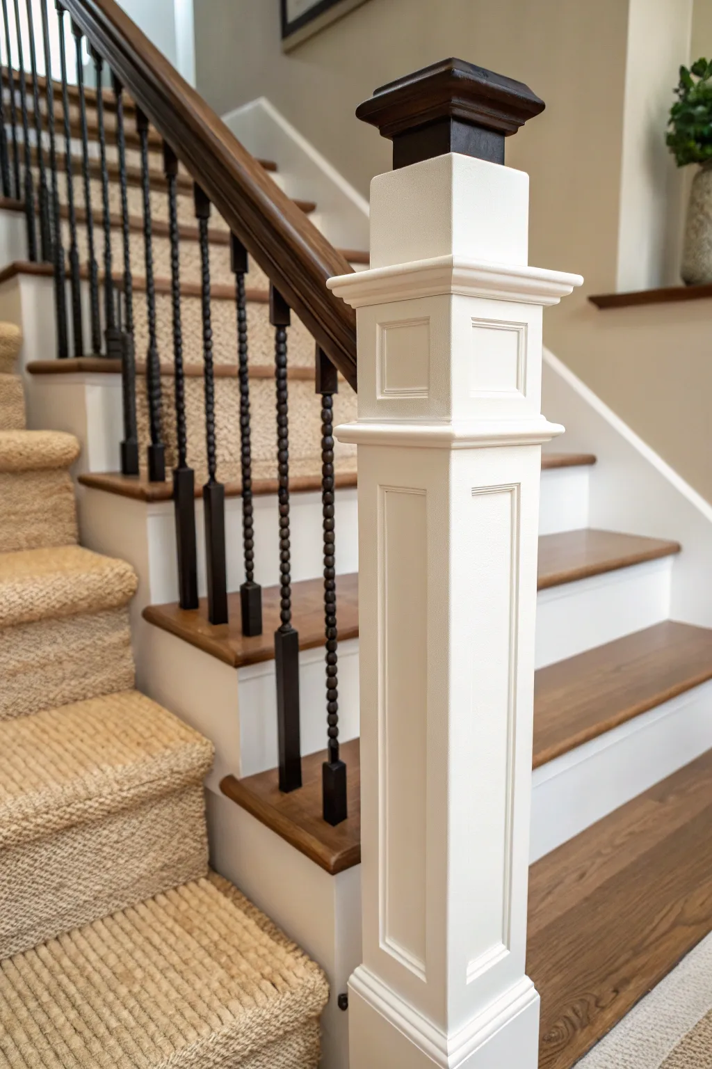 Dark newel posts frame ivory spindles for a bold, high-contrast Scandinavian stair detail.