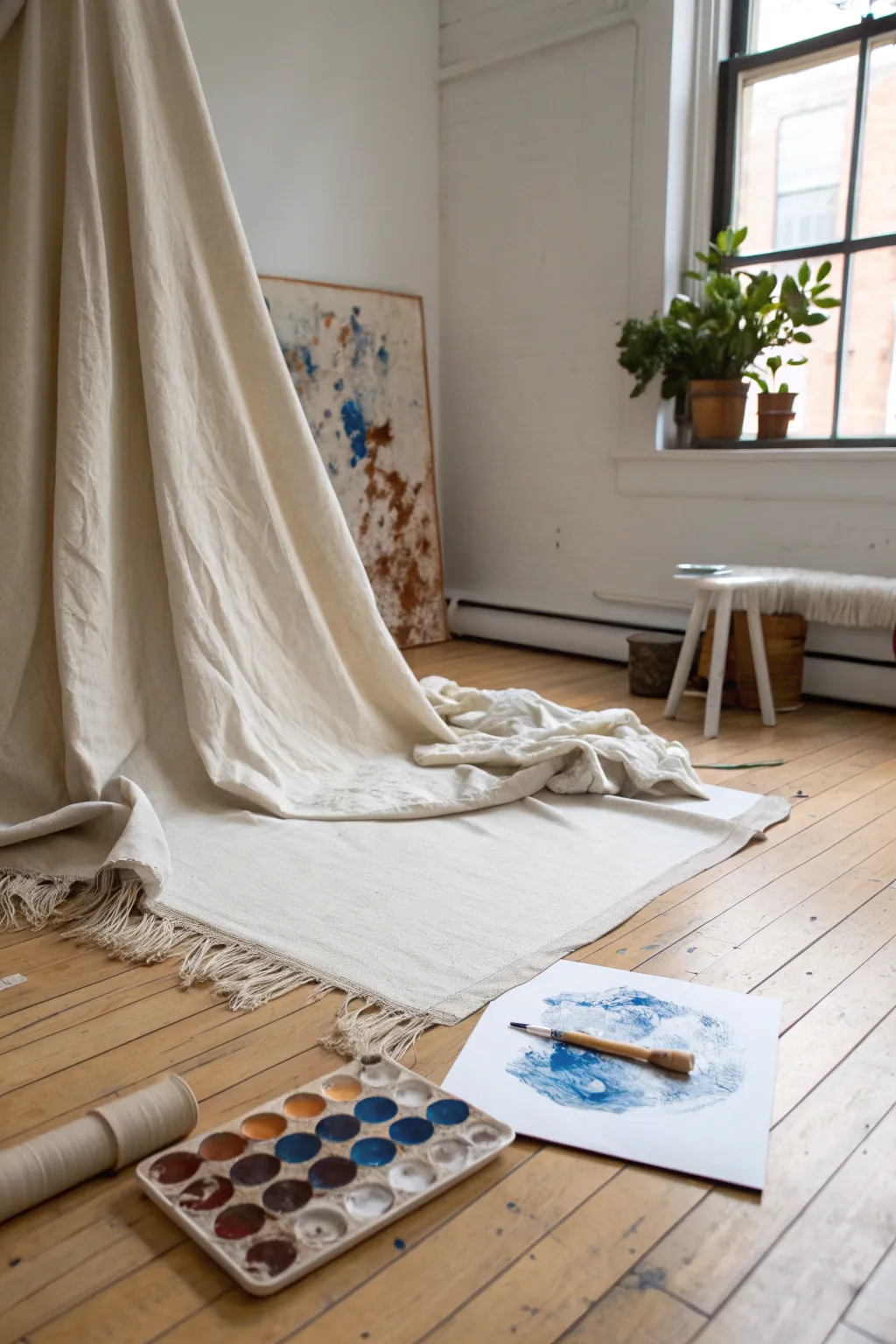 Layer your drop cloths: one sturdy base plus a sacrificial mat for worry-free studio mess.