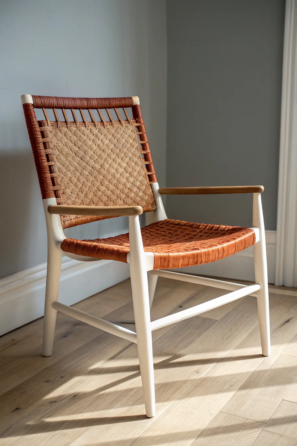 Two-tone wicker chair makeover: ivory frame + terracotta weave that pops with modern contrast