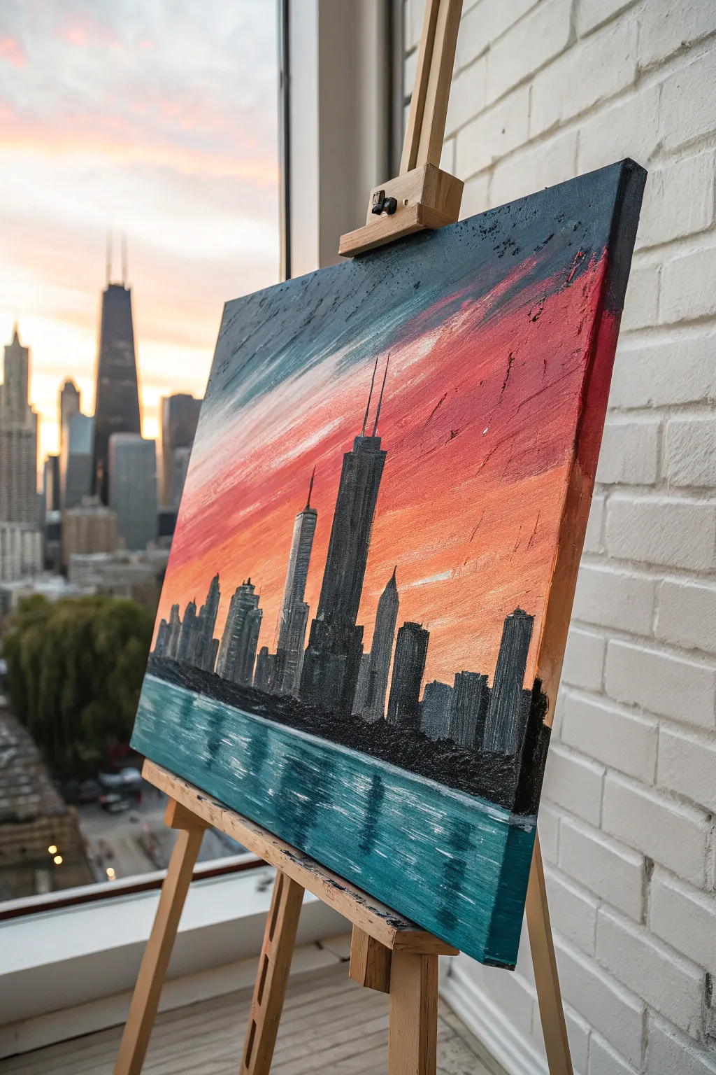 Palette-knife skyline with crisp geometry popping against a glowing sunset sky, minimalist and bold.