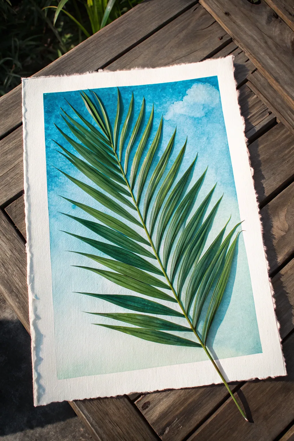 Close-up palm frond study in bold greens with a peek of sky, clean minimalist boho vibes.
