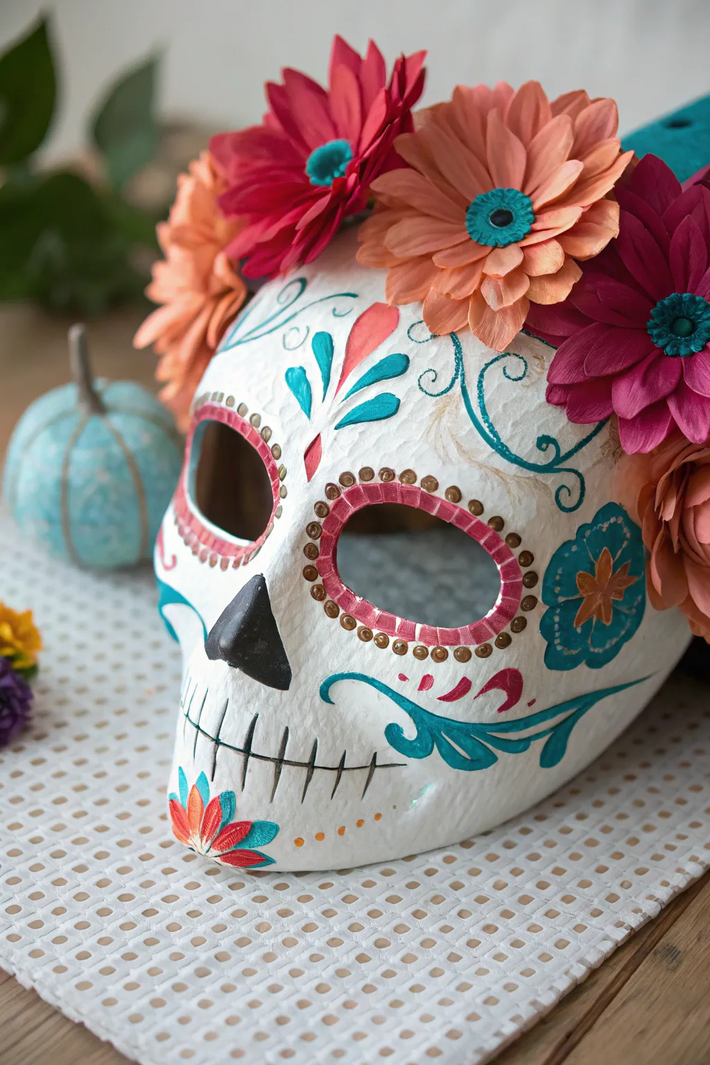 Sugar skull paper mache mask with bold florals, scrollwork, and tiny 3D paper blooms