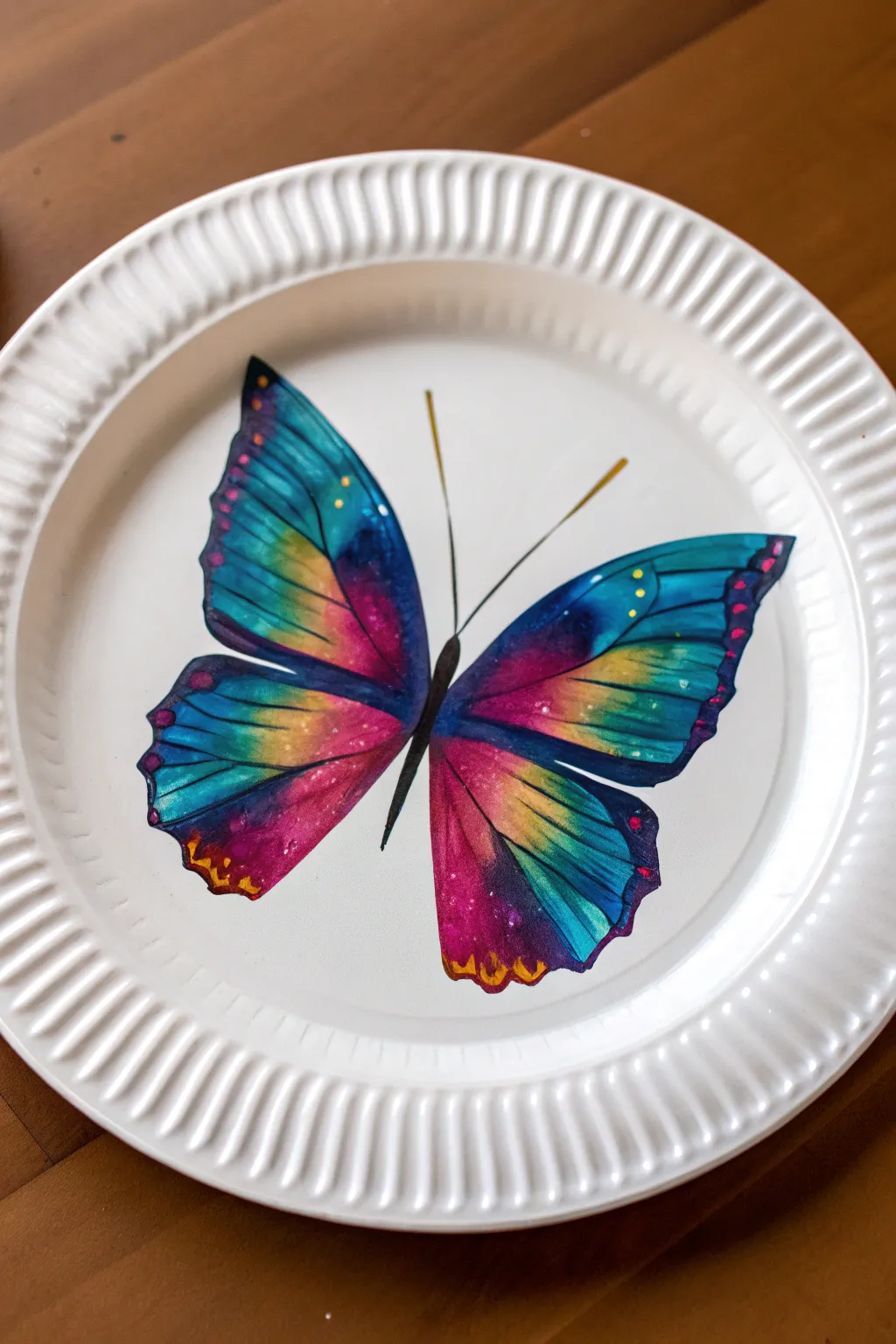 Butterfly symmetry fold painting on a paper plate with bold color wings for a quick wow reveal