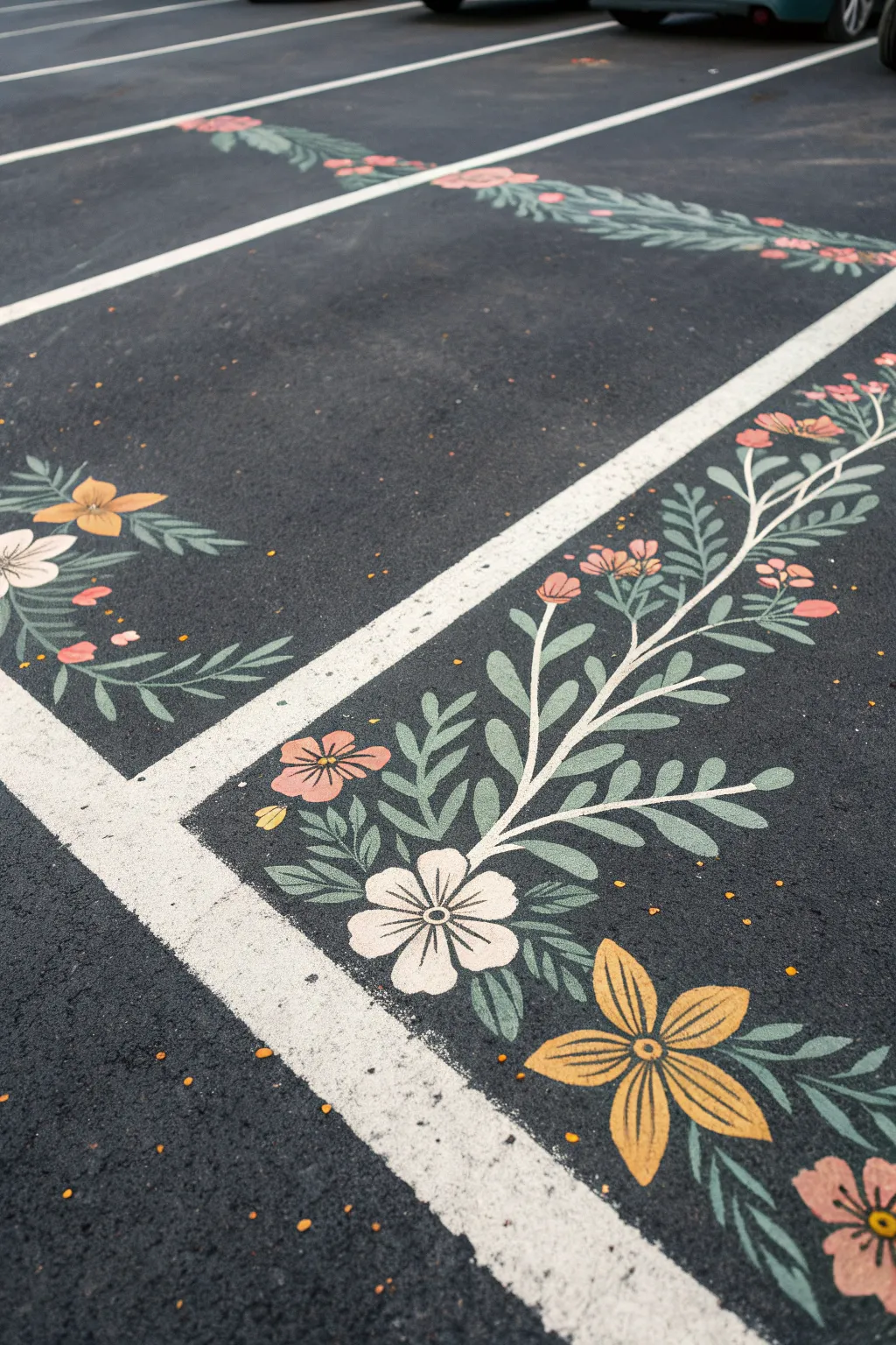 Minimalist parking space framed by bold floral corner vines, leaving the center clean and calm