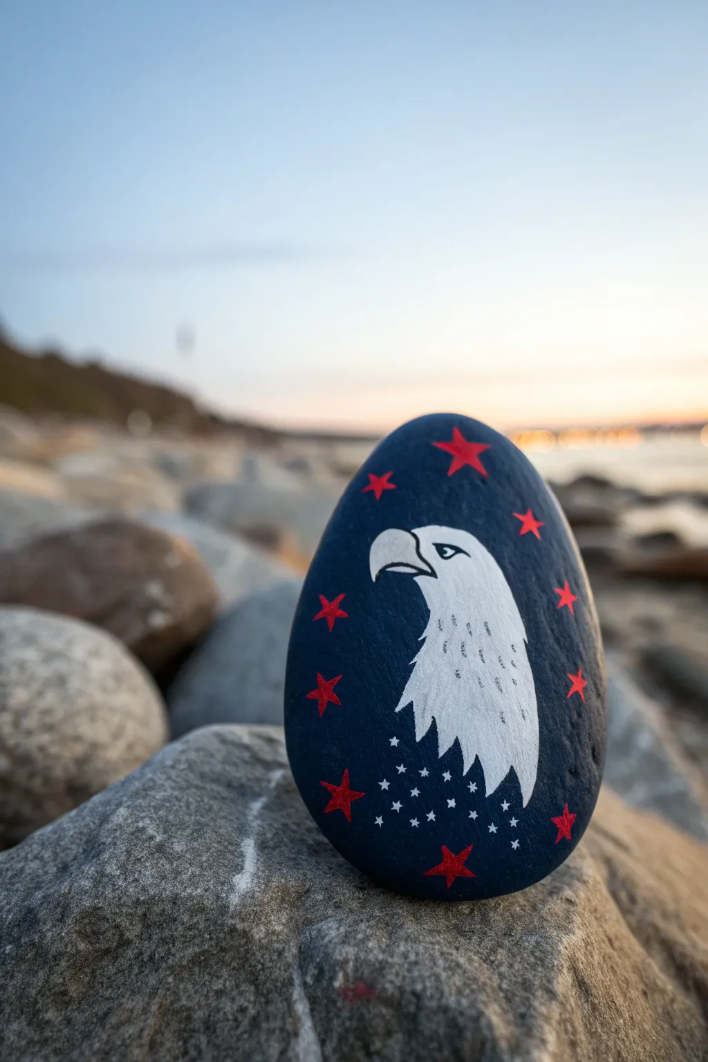 Navy rock with crisp white eagle silhouette and tiny red stars, minimalist patriotic charm