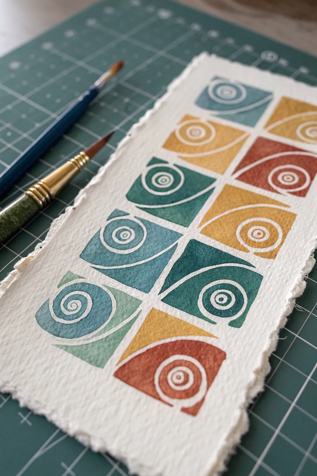 Spirals and curling tendrils in bold boho colors, a minimalist pattern swatch to inspire art.