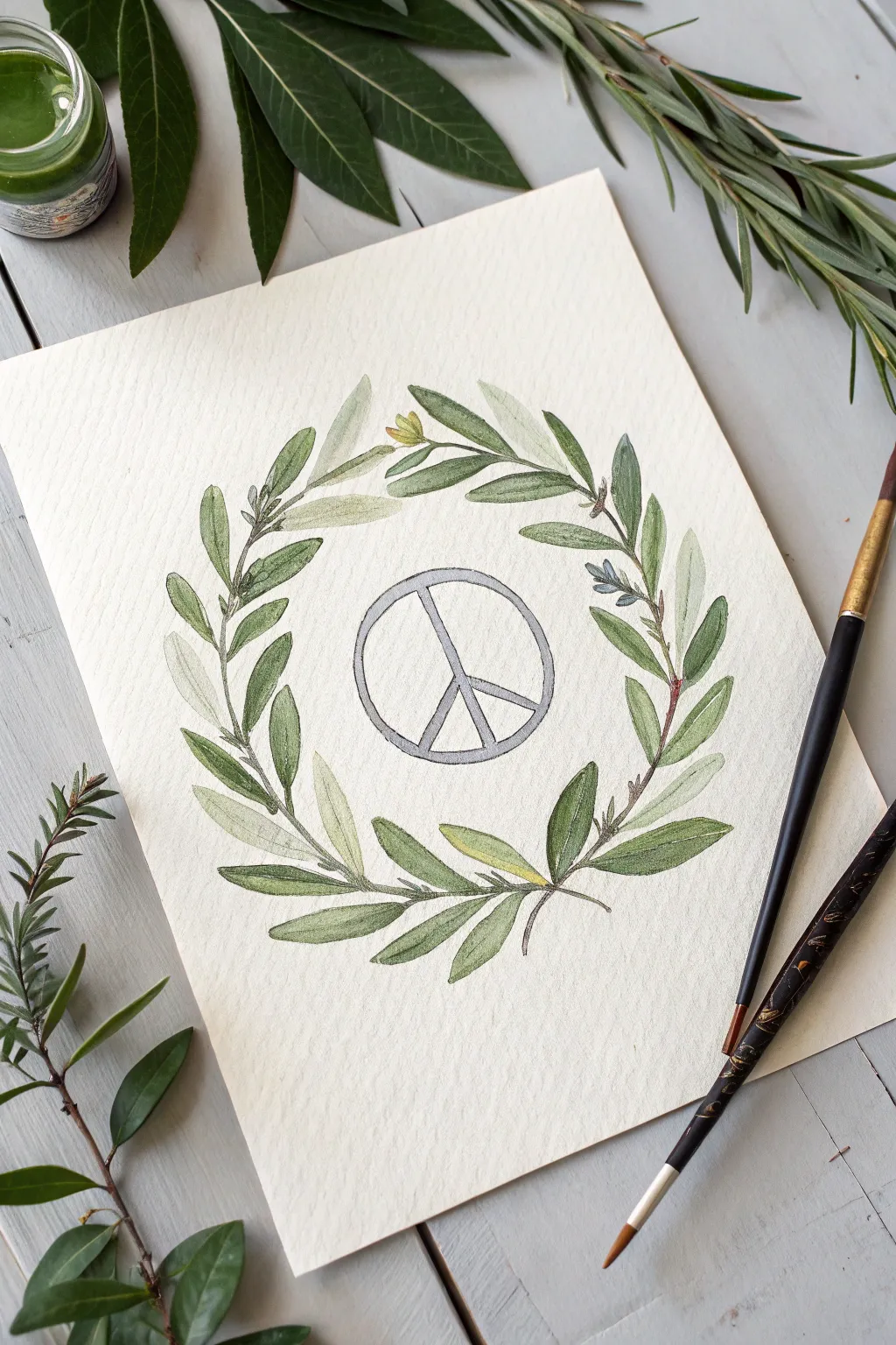 Olive branch peace wreath art idea in calming greens, minimalist lines, and a soft boho vibe.