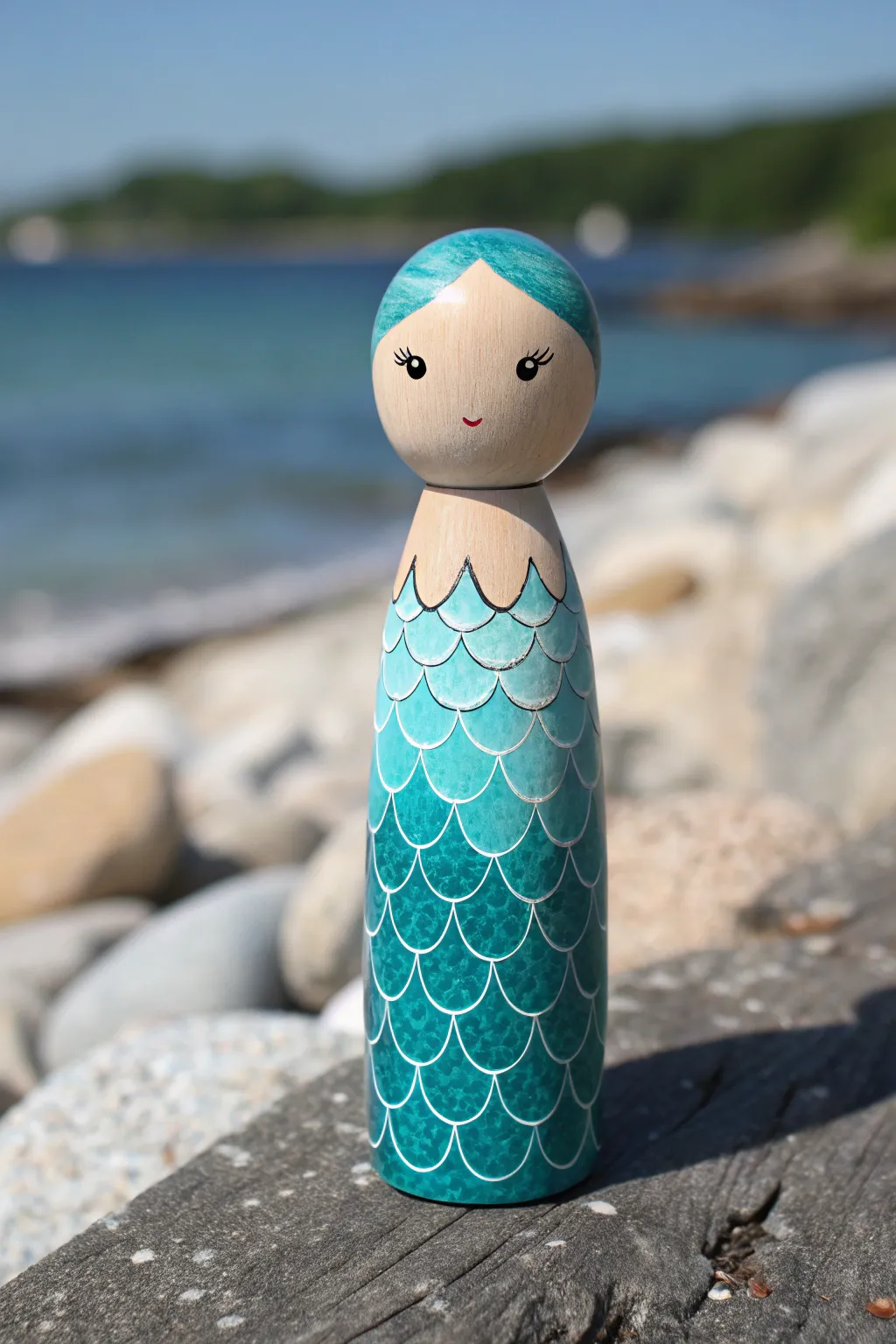 Mermaid peg doll with crisp scale patterns and an ocean gradient tail, styled in sandy minimalism