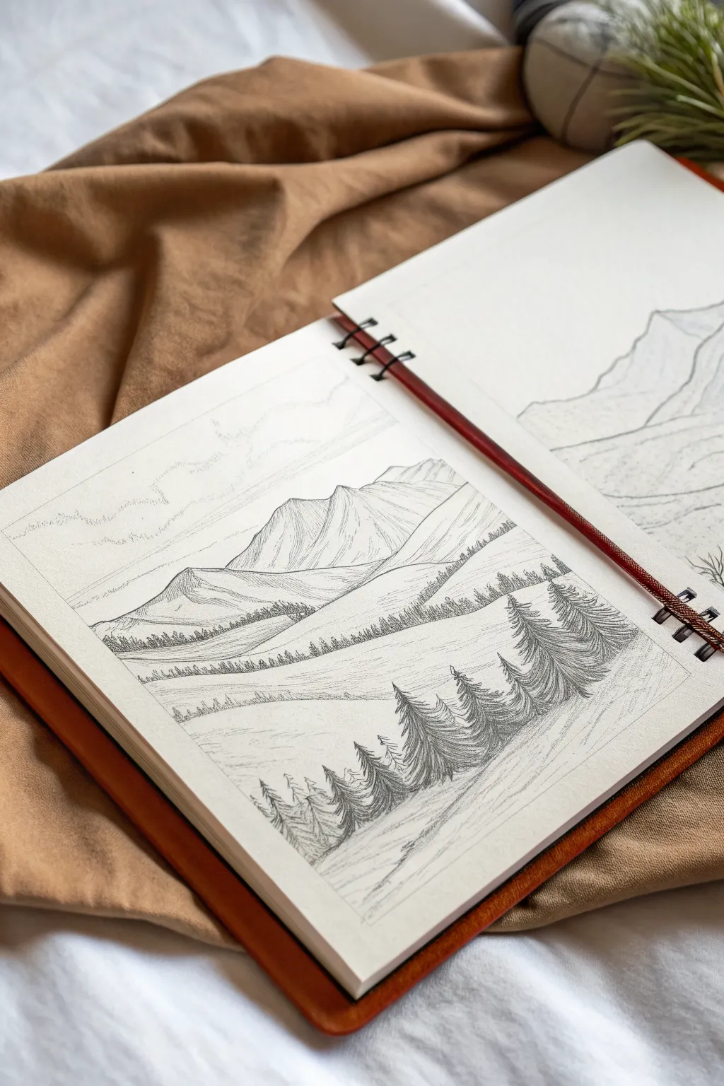 Simple layered mountain pencil sketch with soft blending and airy white space for depth