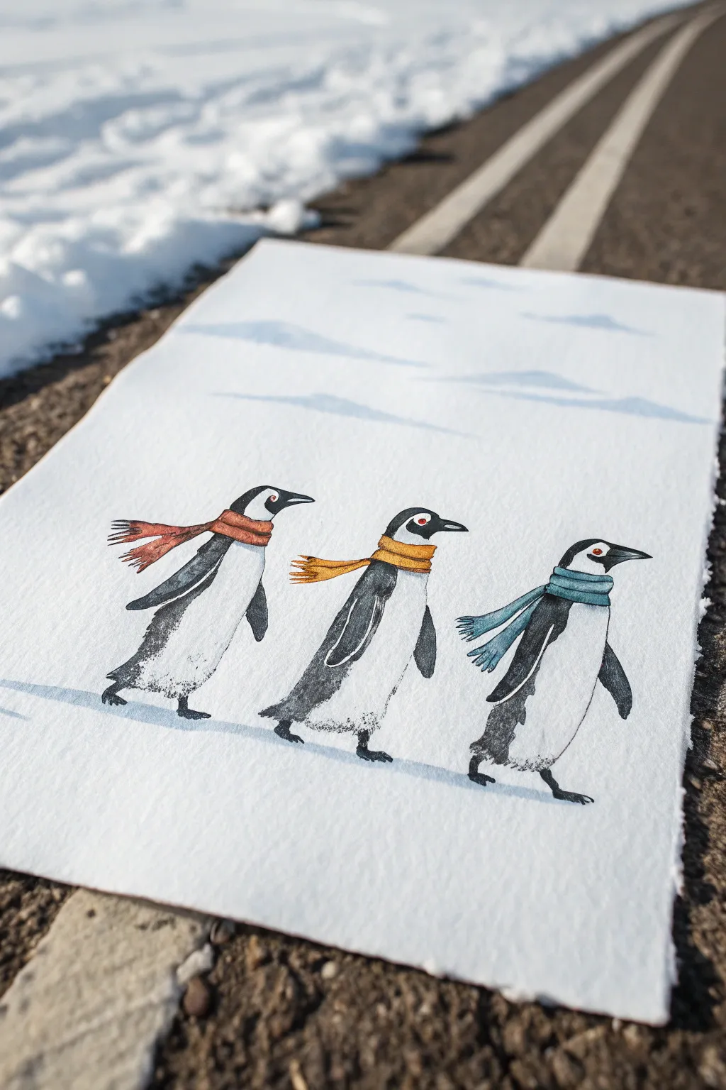 Marching penguin lineup painting idea with simple shapes, bold scarves, and cozy Nordic minimalism.