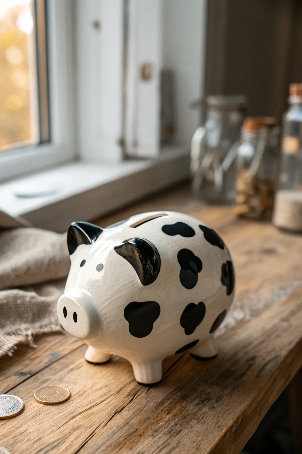 Minimal cow-spot piggy bank paint idea with cozy farmhouse vibes and bold contrast