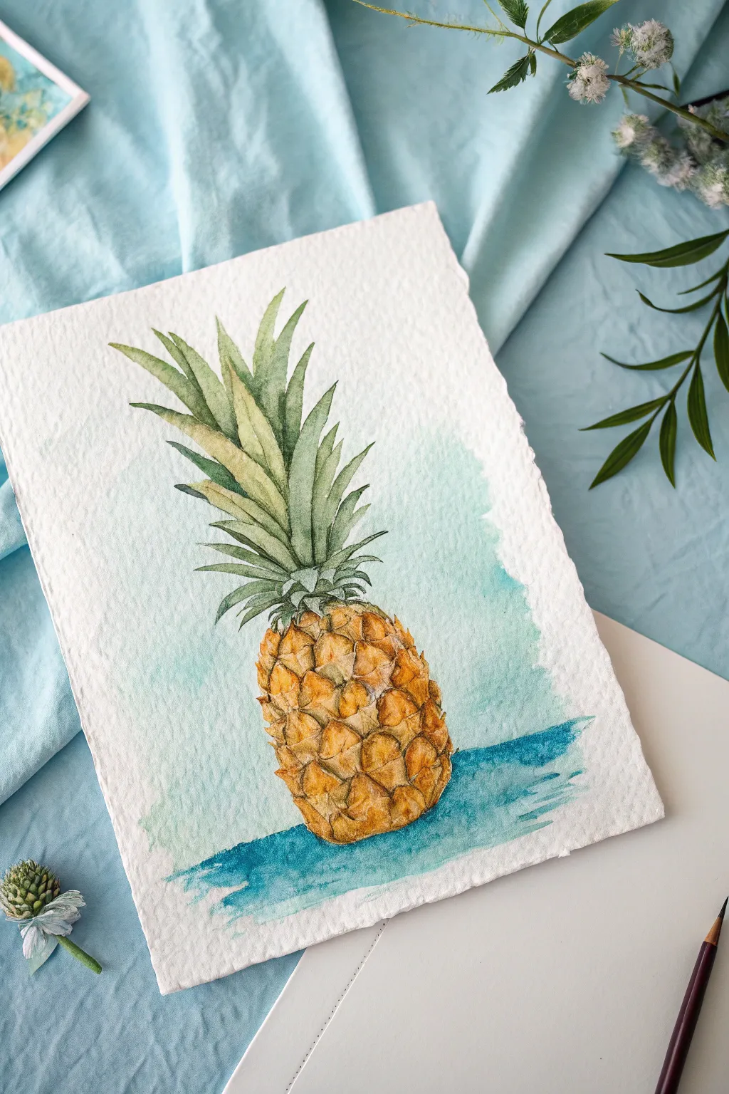 Sunny pineapple painting idea: bold golden fruit centered on a dreamy aqua-to-sky-blue gradient.