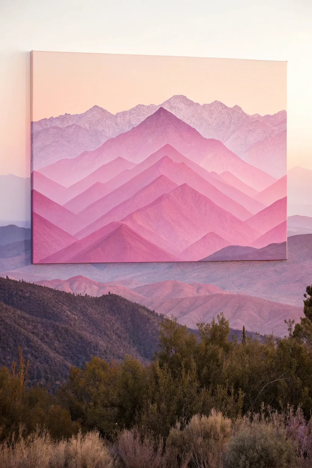 Easy two-tone pink mountain canvas idea with crisp layers, pale sky, and bold minimalist contrast