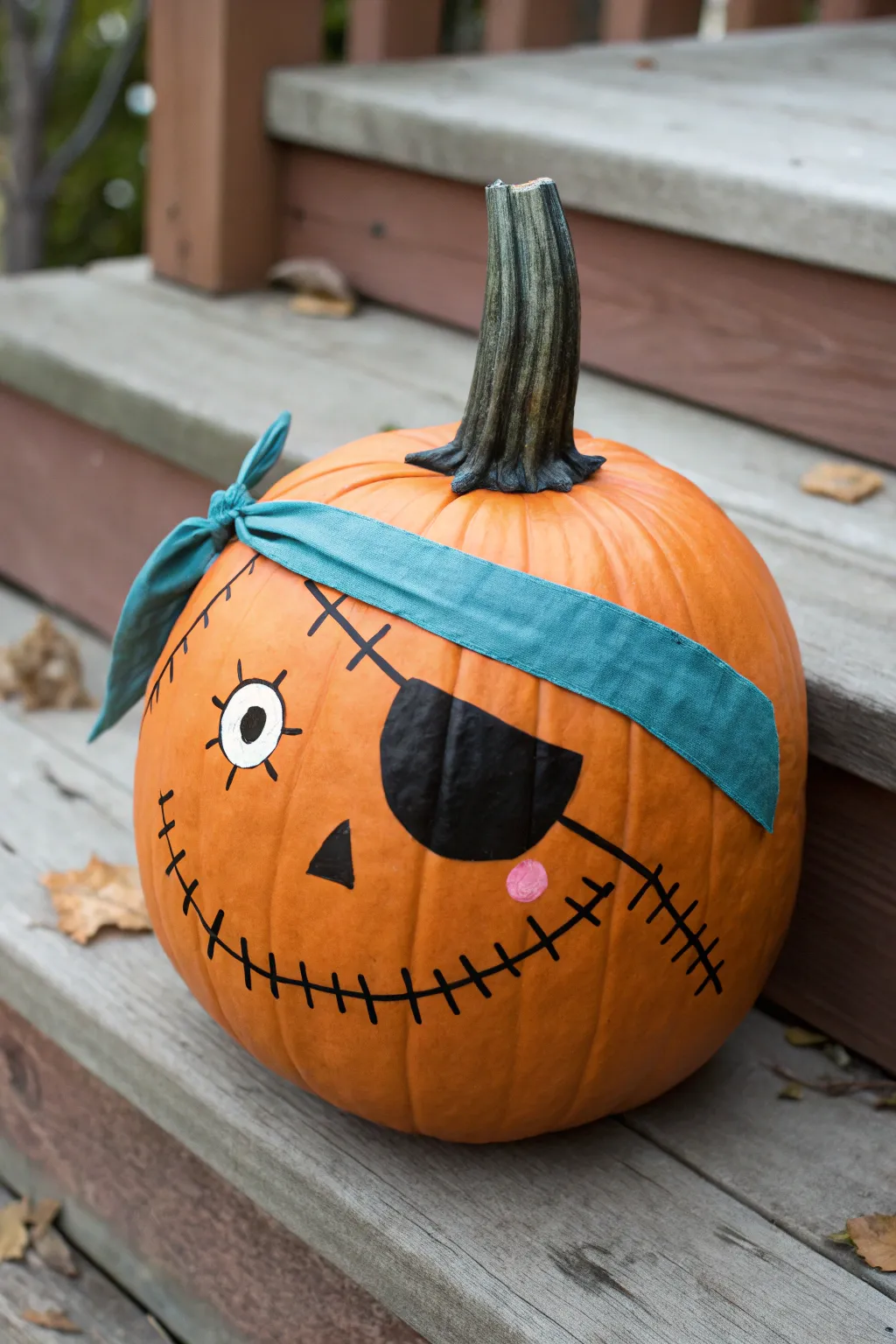 Scarred-cheek pirate pumpkin with clean stitched detail, bold contrast, and cozy minimalist styling