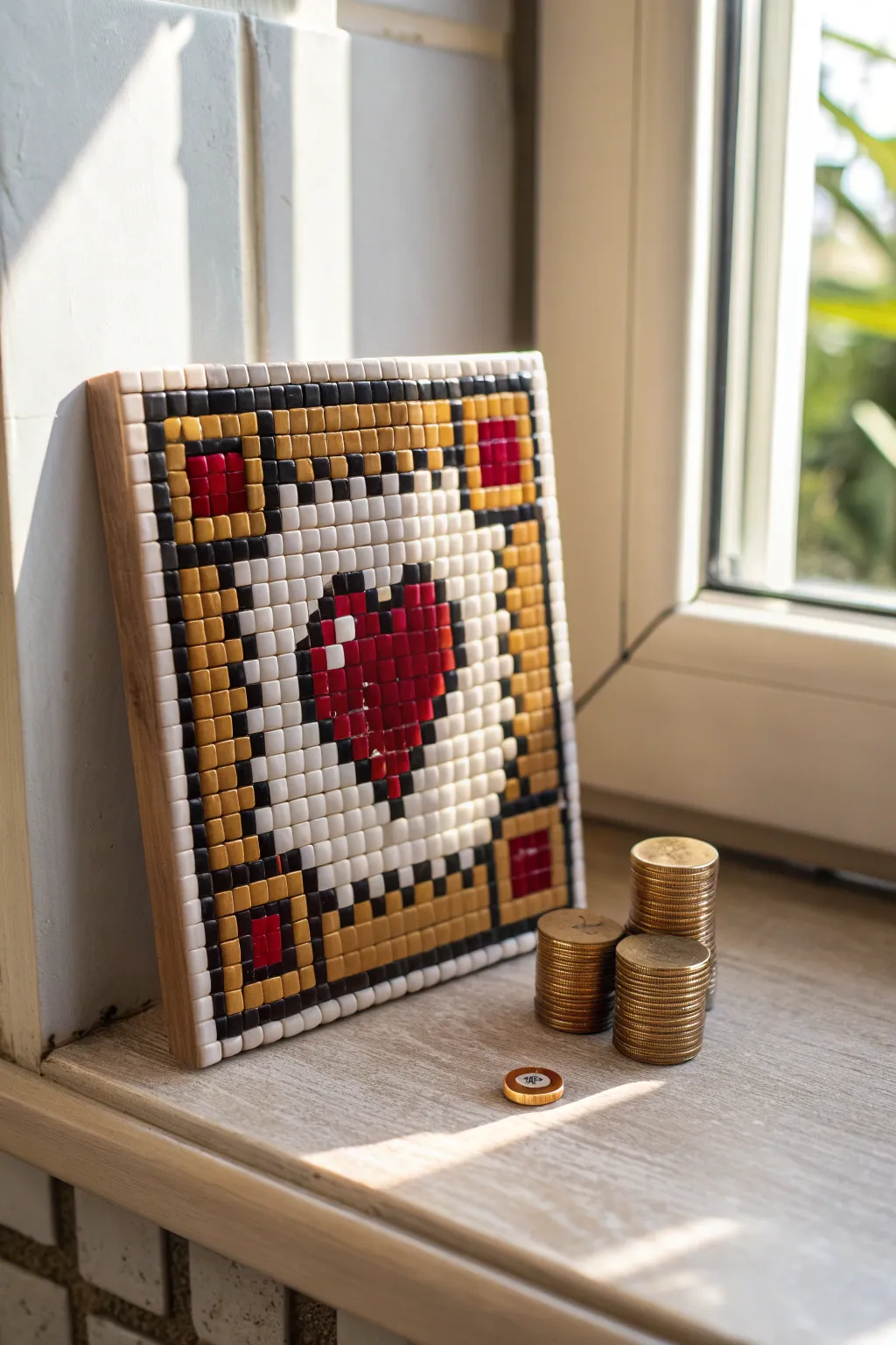 Minimal pixel art loot tile: gem, coins, and charm in bold 3-tone shading on linen