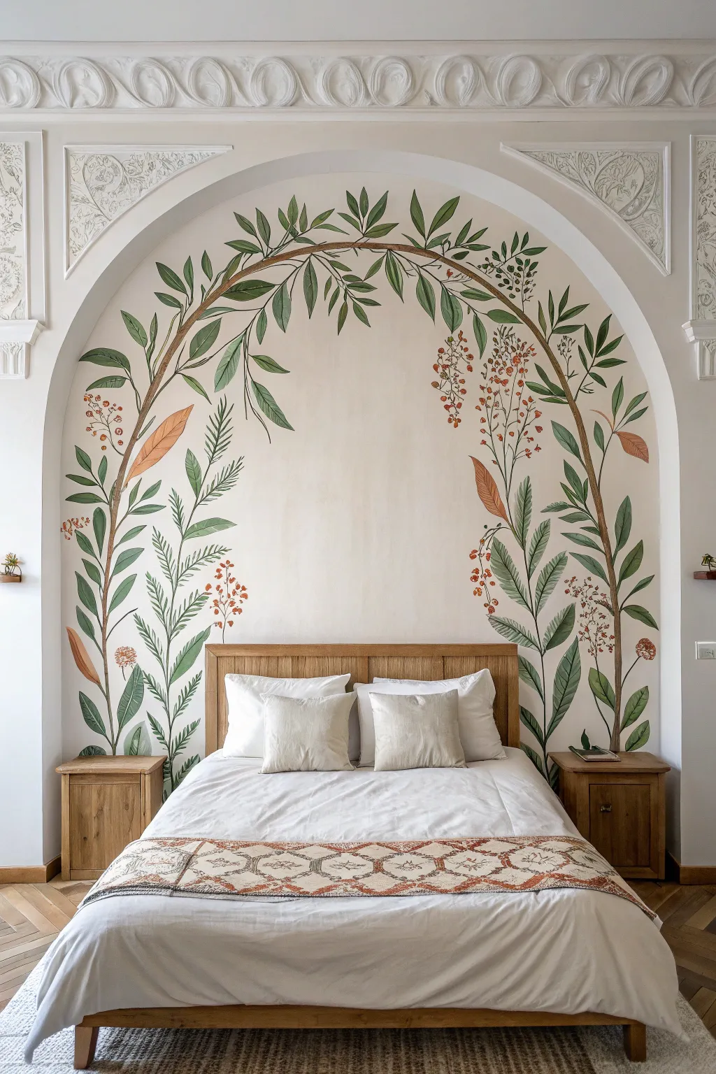 A painted botanical arch mural creates a chic focal point behind your bed, minimal and boho.