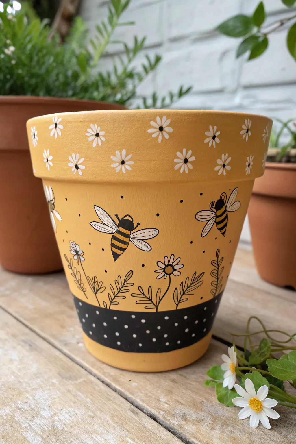 Minimal bee trails and tiny garden icons on a bold terracotta pot, crisp and handcrafted