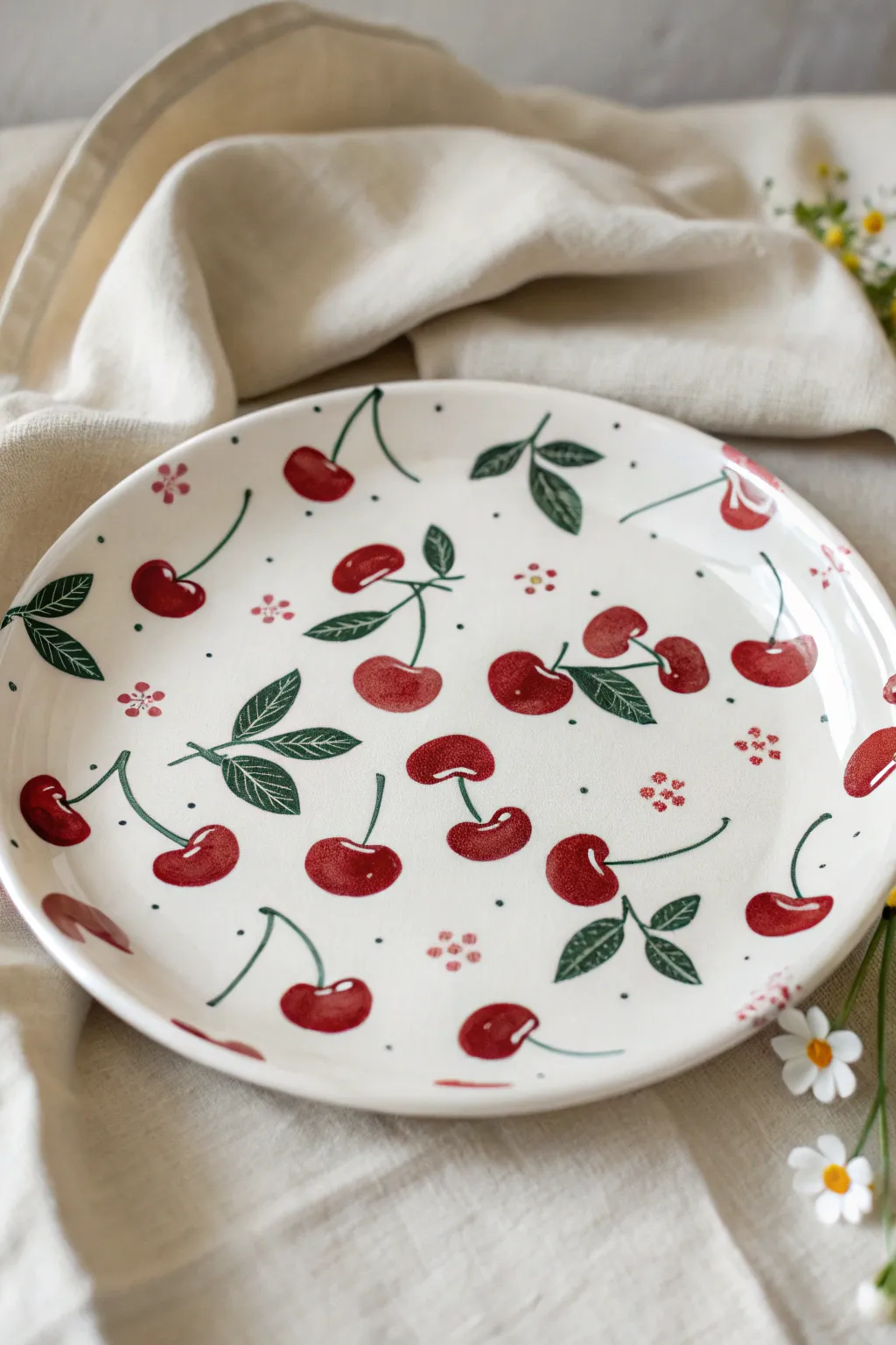 Cherry confetti plate painting idea: bold red fruit and tiny blossoms for a sweet minimalist vibe