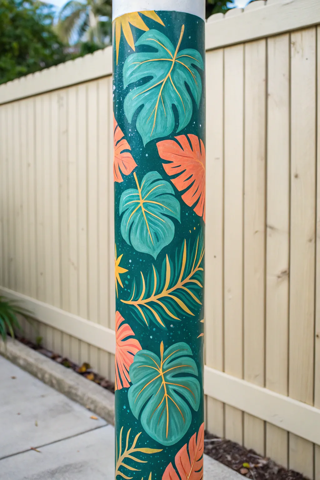 Bold tropical leaf pole wrap with clean monstera shapes and bright accents on a minimal backdrop