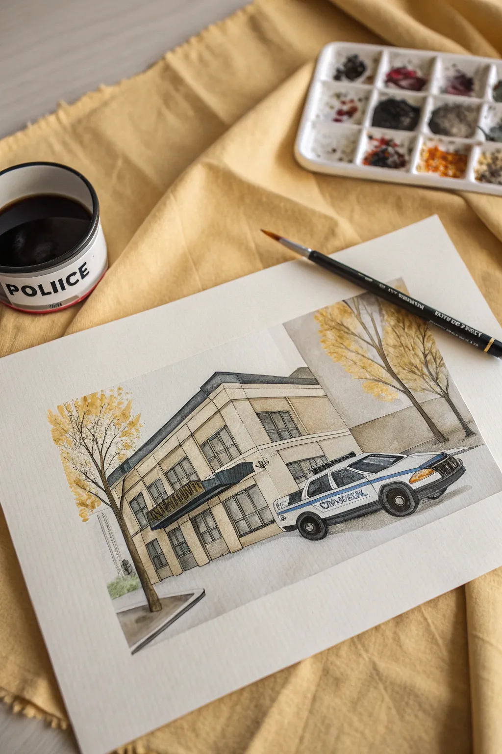 Loose ink and wash police station exterior sketch with bold indigo shadows and clean lines