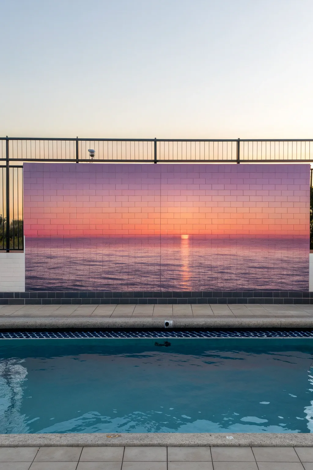 Sunrise-to-sunset gradient pool mural with warm water reflections for an instant golden glow.
