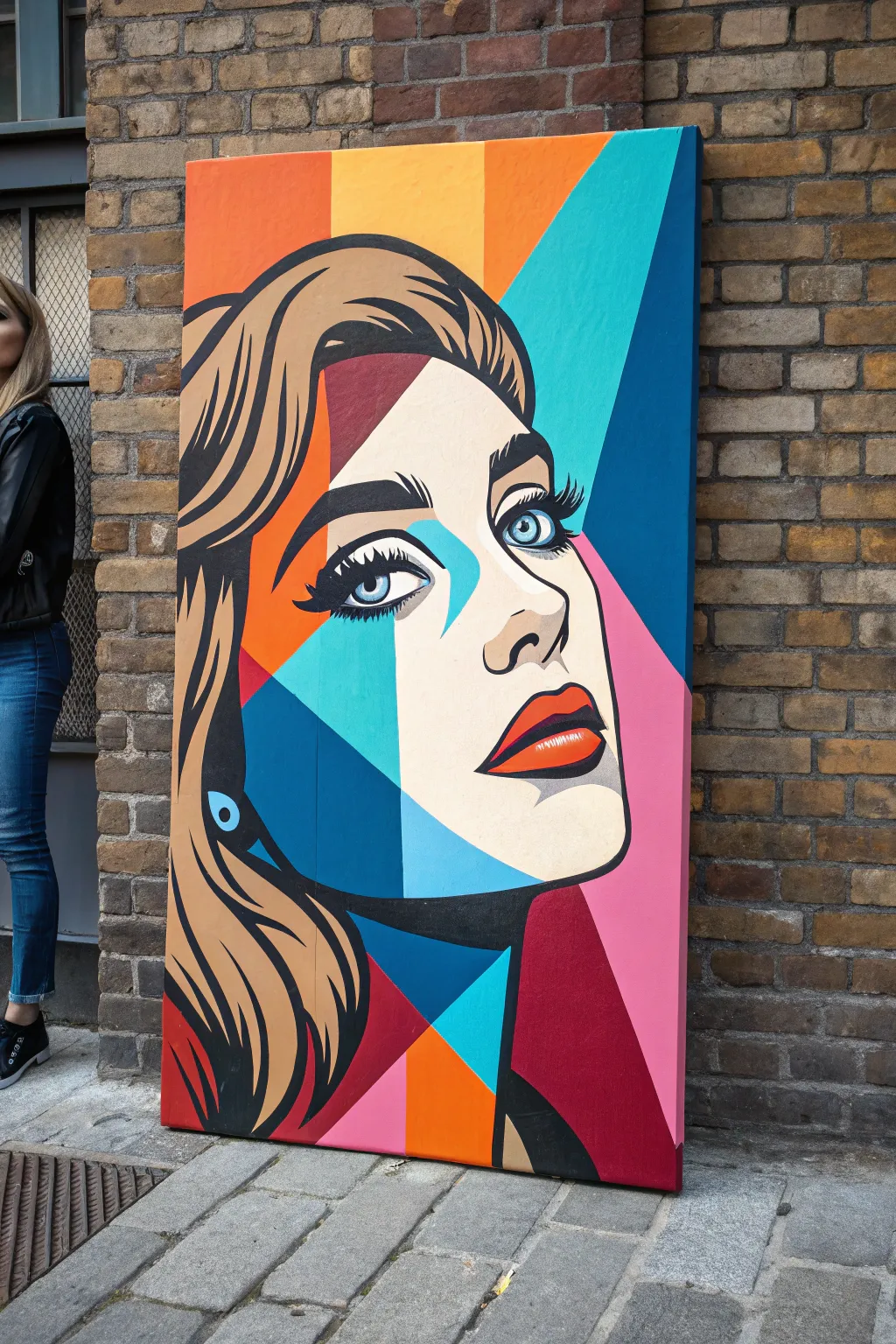 Hard-edge split-face pop art canvas with warm vs cool tones, bold linework, minimalist vibe