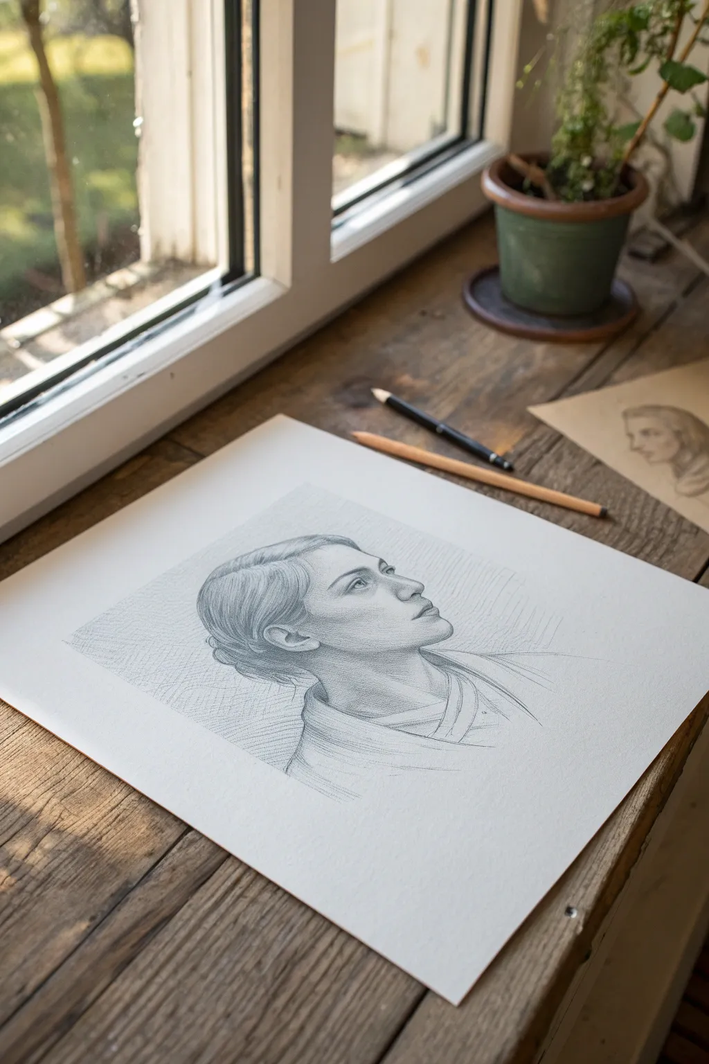 Loose crosshatch vignette: dense behind the face, softly fading outward for depth