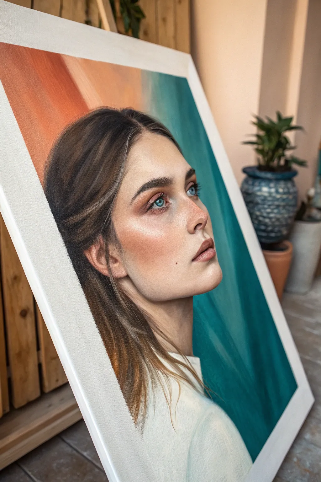 Dreamy soft-edge portrait painting with razor-sharp eyes and gently fading edges