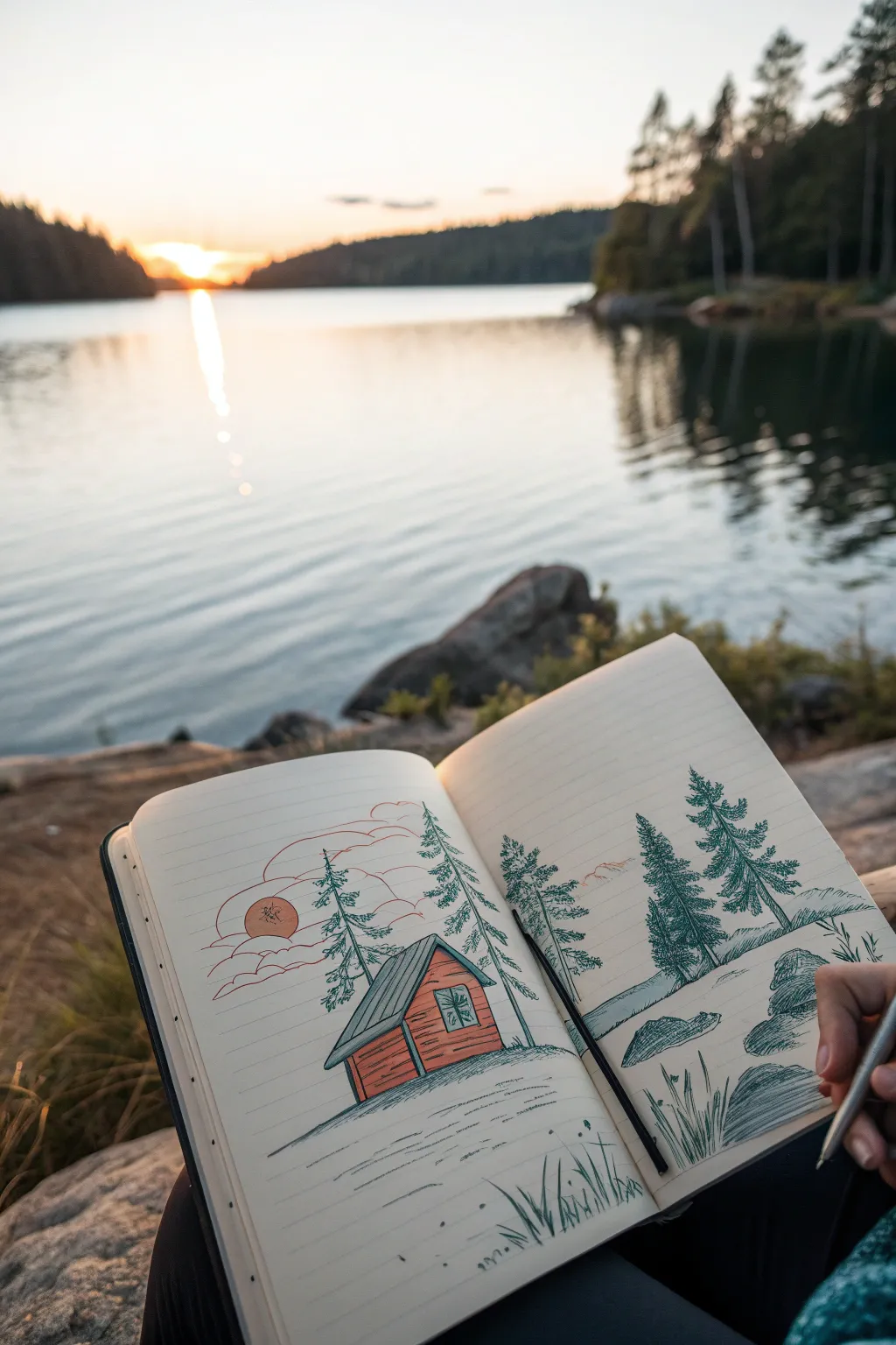 Calm place imagination sketch in a minimalist sketchbook, soothing lines and bold natural color.