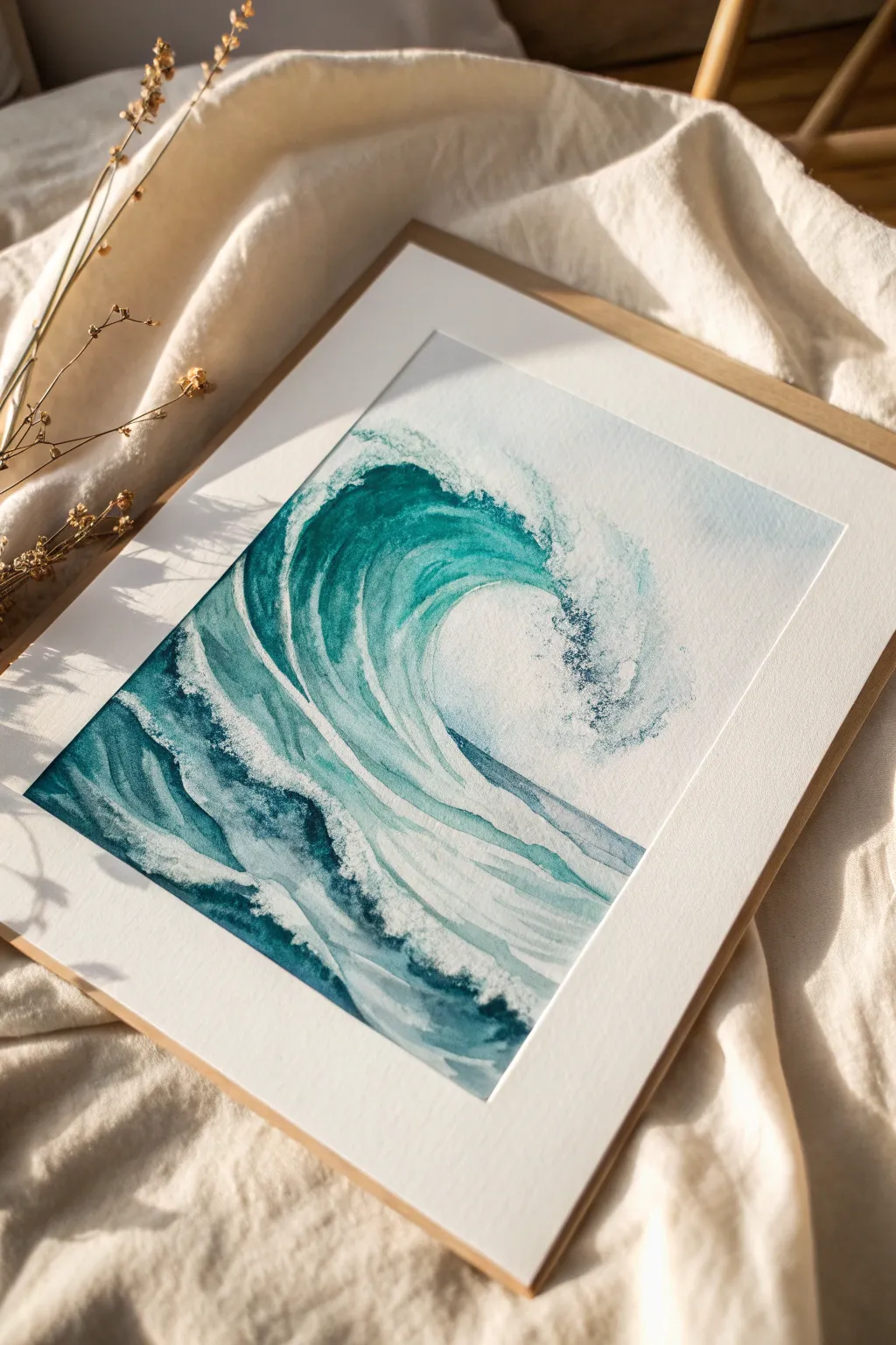 Calm blue-teal wave painting idea for a soothing, minimalist reset with soft foamy details