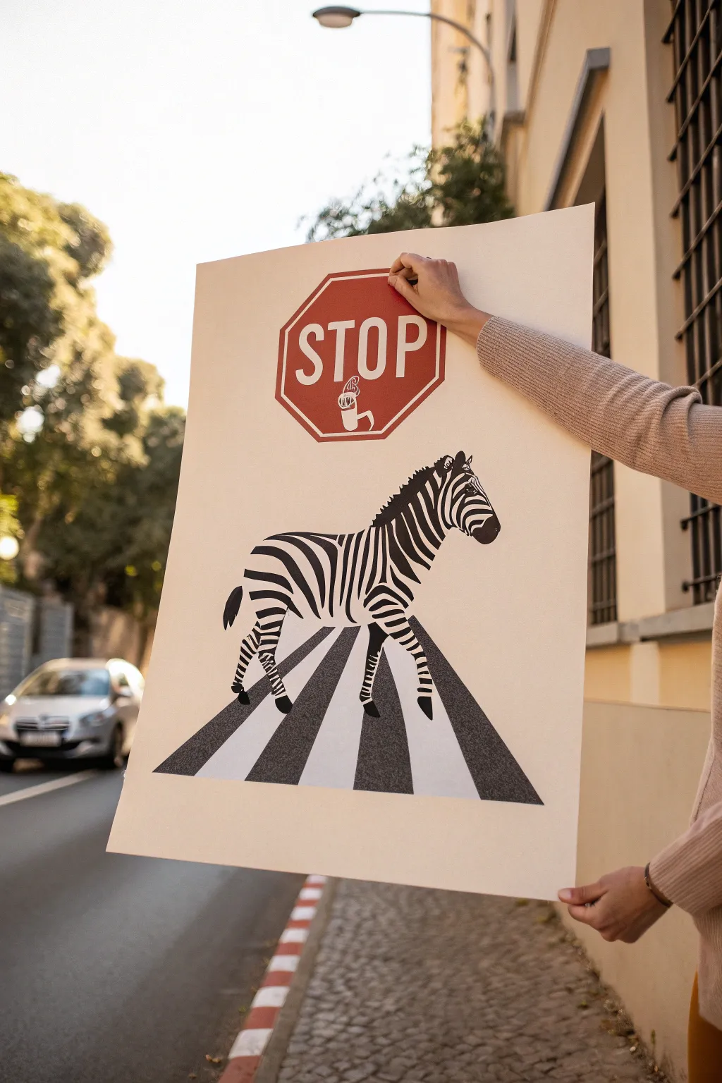 Bold zebra crossing poster sketch with a terracotta stop hand, minimalist and eye-catching.