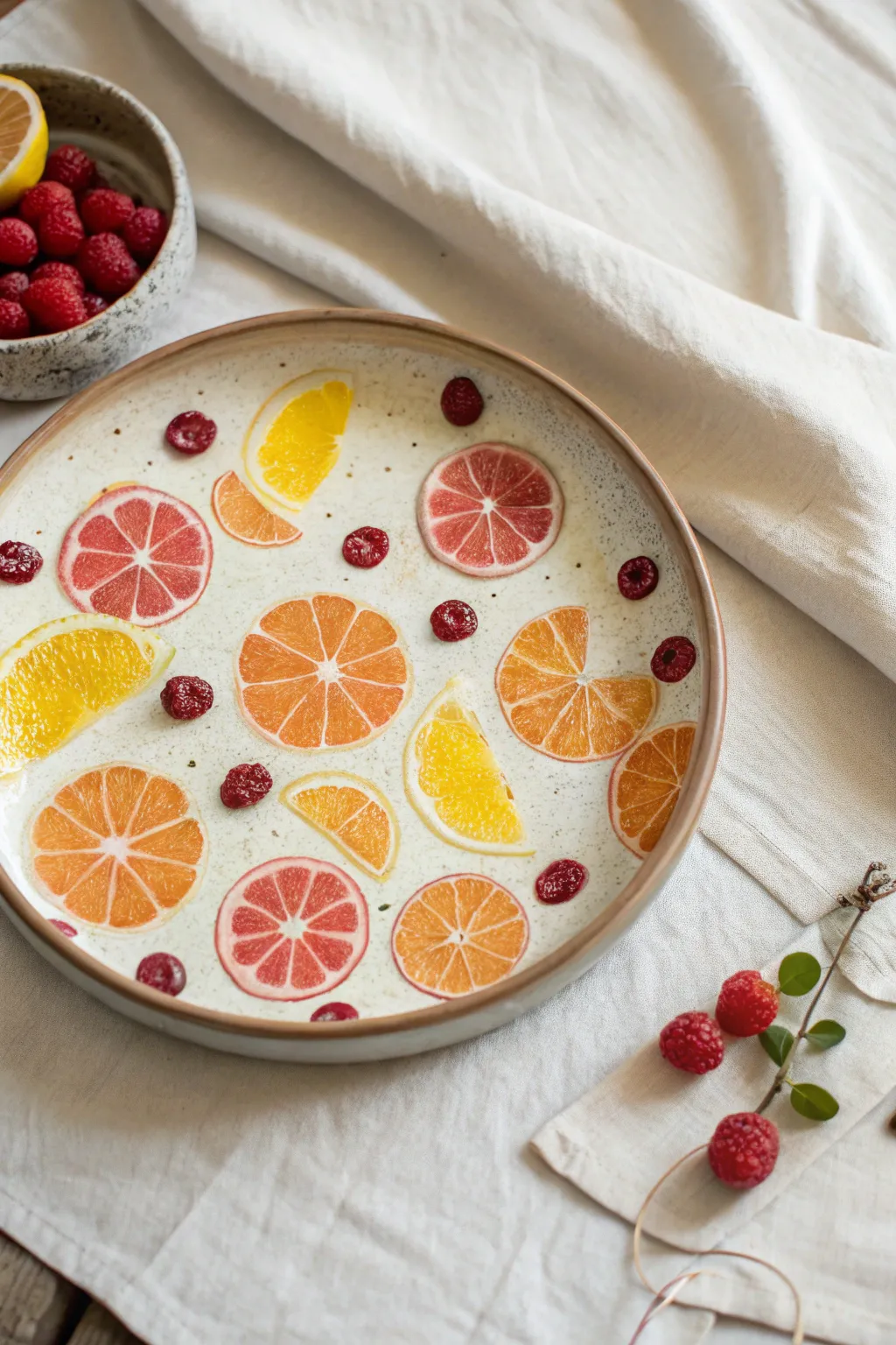Fruit repeat pottery plate idea: bold citrus and berry motifs with a simple pencil sketch starter.