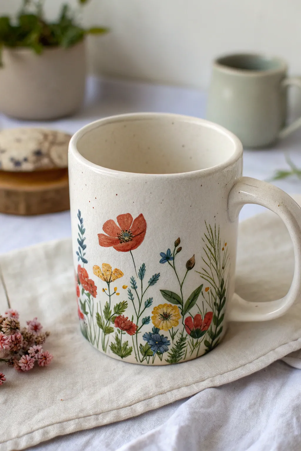 Wildflower meadow band mug painting idea with bold blooms, minimalist Scandinavian vibe.