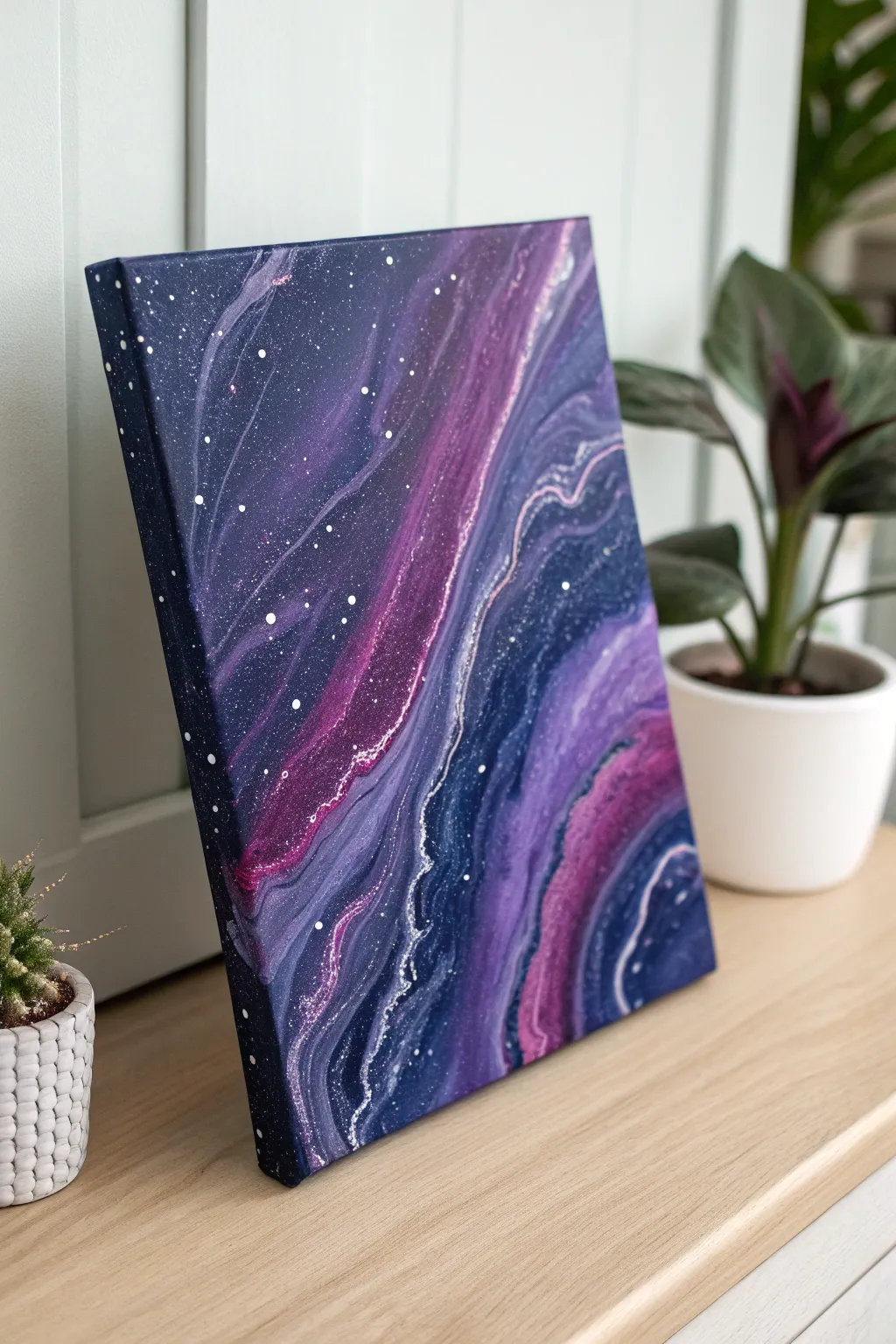 Purple galaxy pour painting with deep navy swirls, starry white speckles, and glossy lacing.